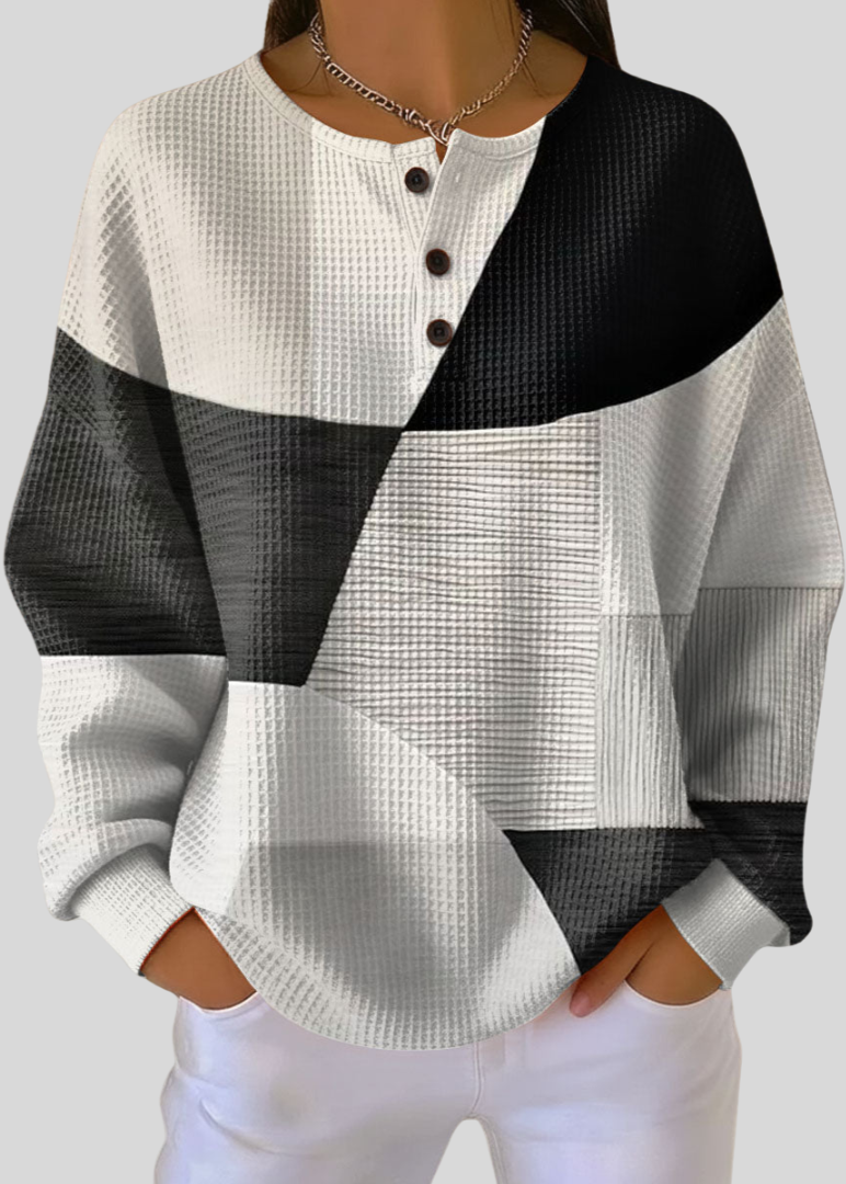 ILARIA™ | Felpa Goffrata Henley Bianco e Nero