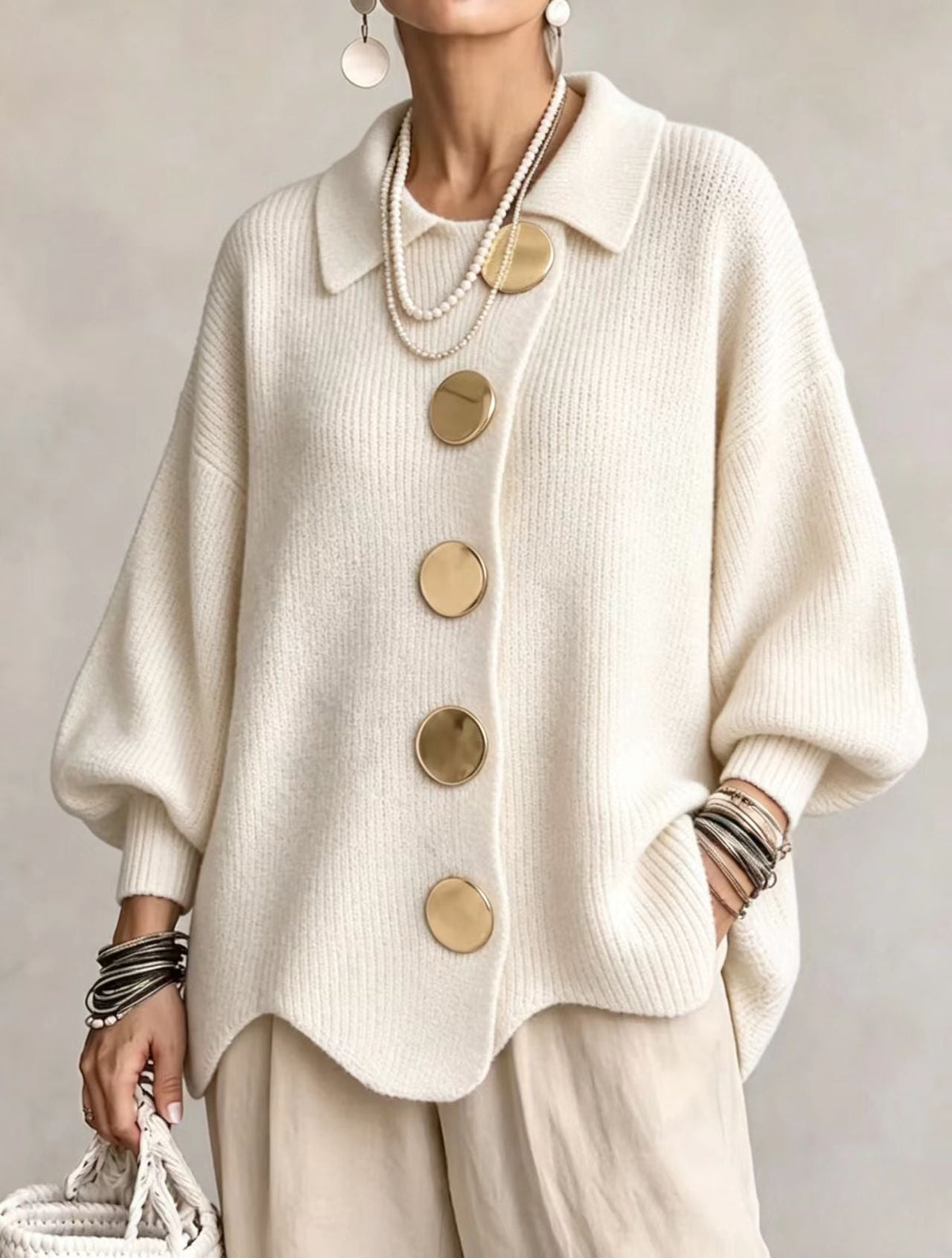 GIACINTA™ | Cardigan Oversize con Collo e Bottoni Gioiello