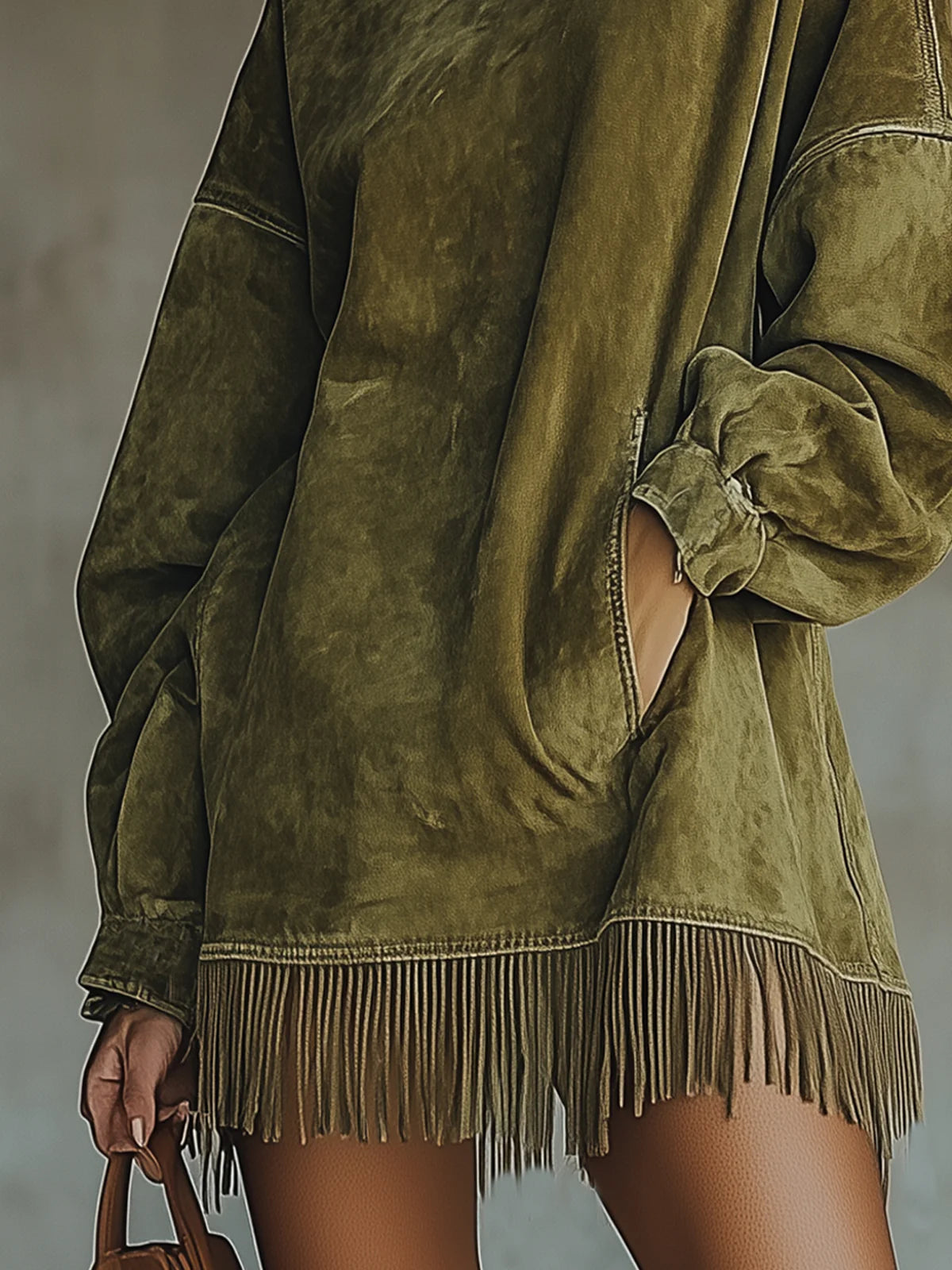 NUNZIA™ | Abito Midi con Collo Alto e Frange