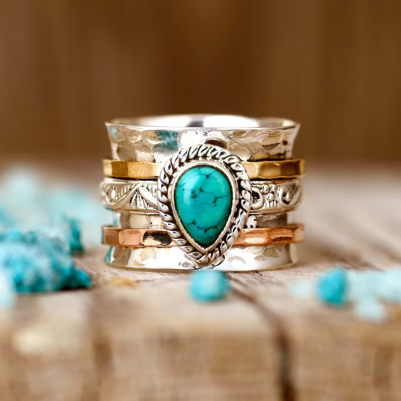 Anello Antico in Oro e Argento con Intarsio di Turchese