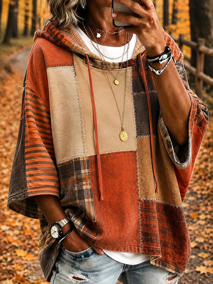 MODESTA™ | Felpa con Cappuccio Stile Poncho Patchwork Ruggine e Cuoio