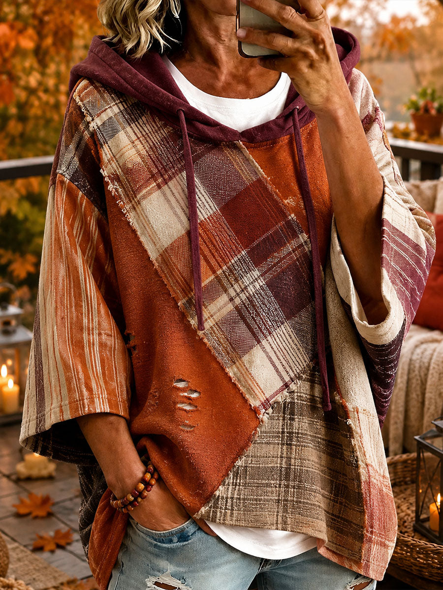 PETRONILLA™ | Felpa con Cappuccio Oversize Patchwork a Quadri Rustici