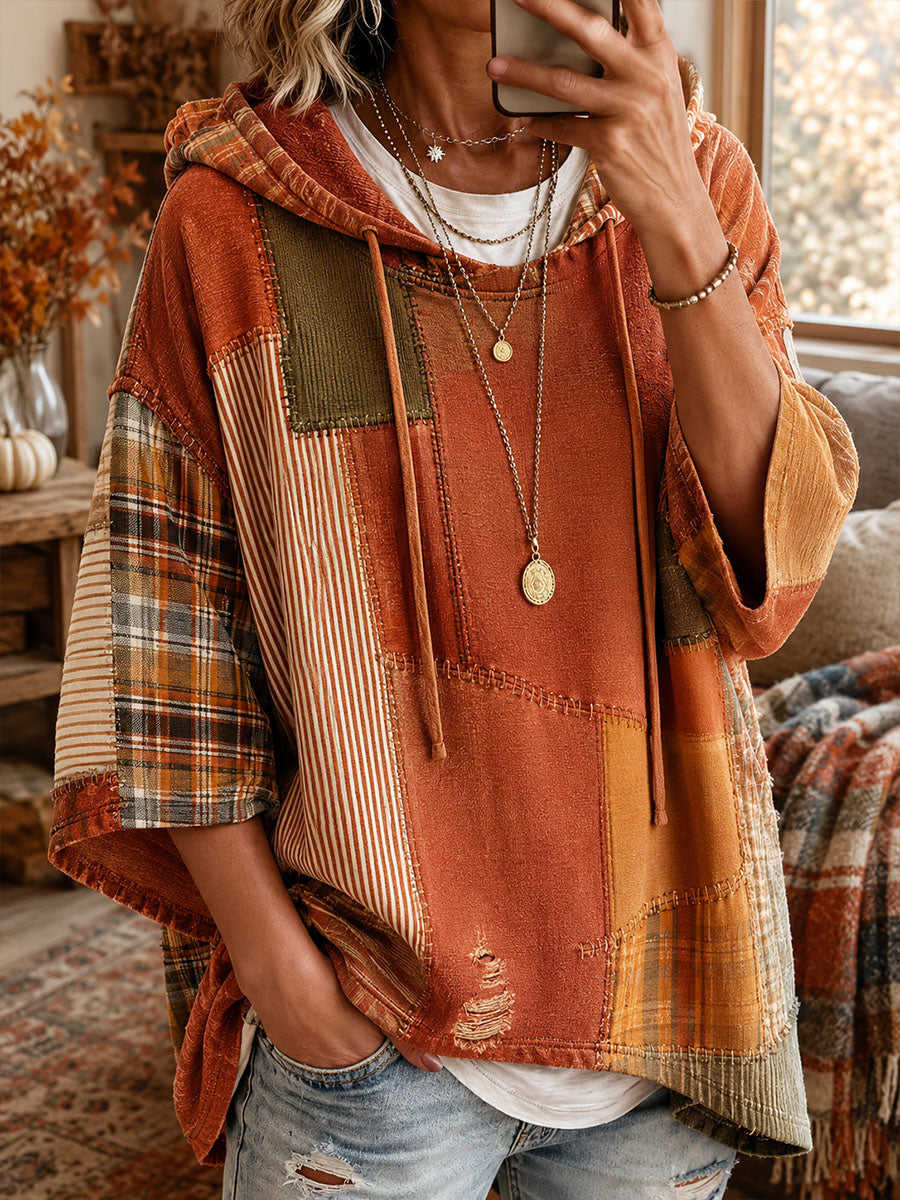 IMELDA™ | Felpa con Cappuccio Stile Poncho Patchwork Cucito