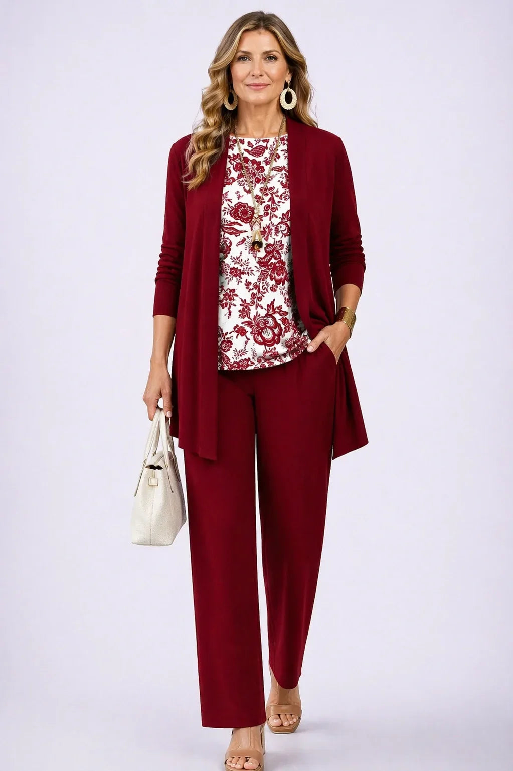 AGATA | Completo 3 Pezzi Bordeaux con Maglia Floreale
