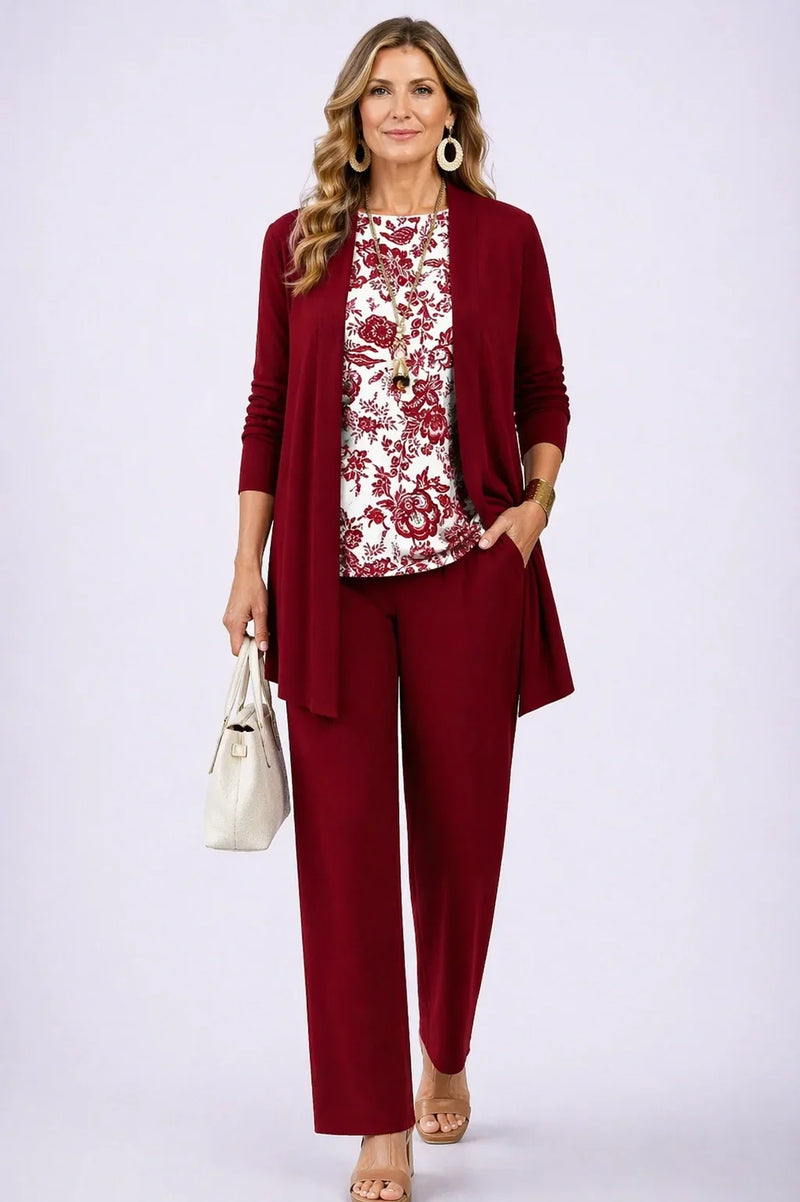 AGATA | Completo 3 Pezzi Bordeaux con Maglia Floreale