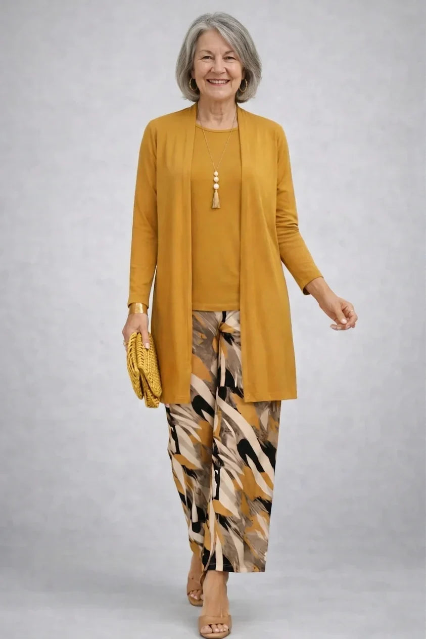 ONORINA | Completo 3 Pezzi Senape con Pantalone Stampato