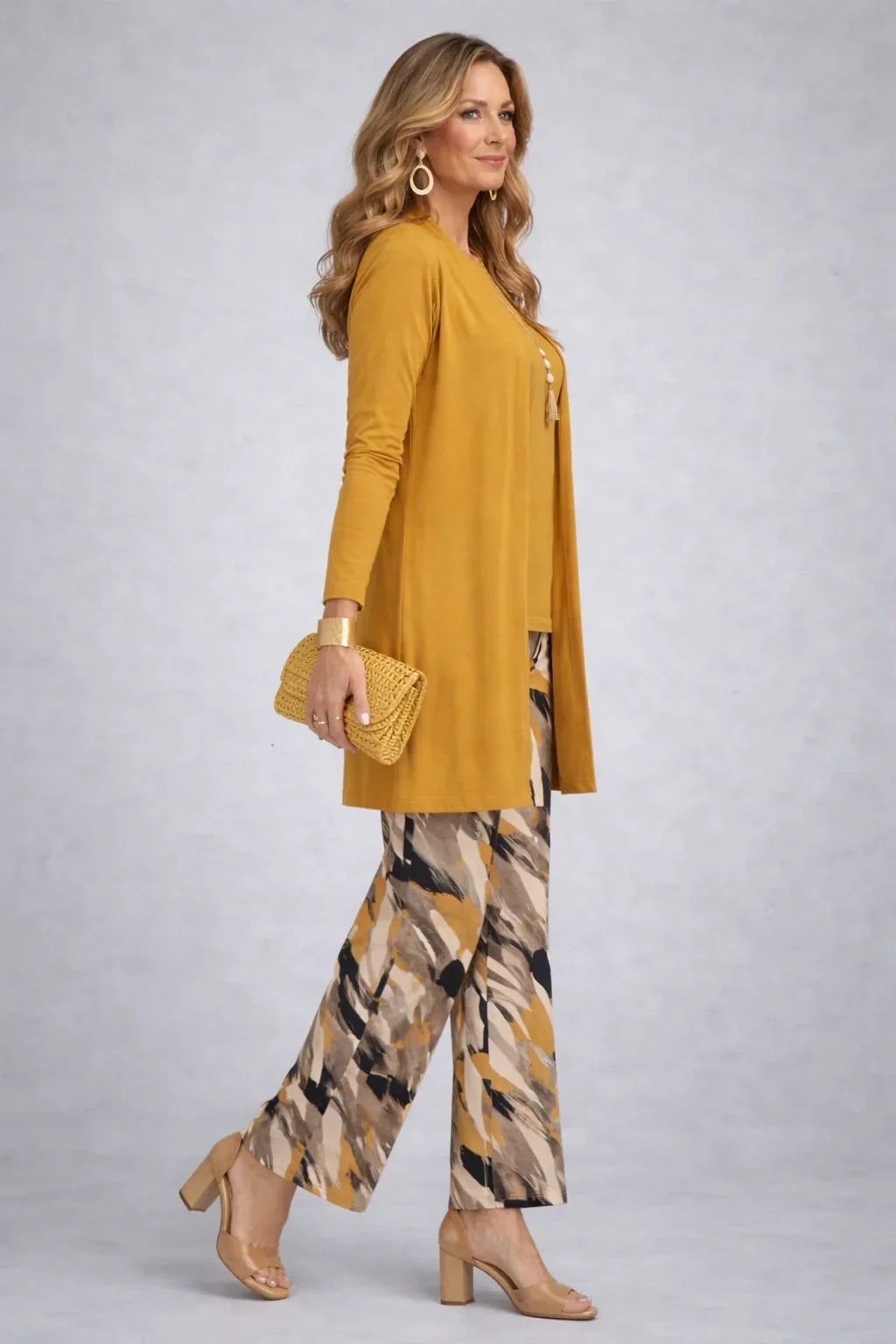 ONORINA | Completo 3 Pezzi Senape con Pantalone Stampato