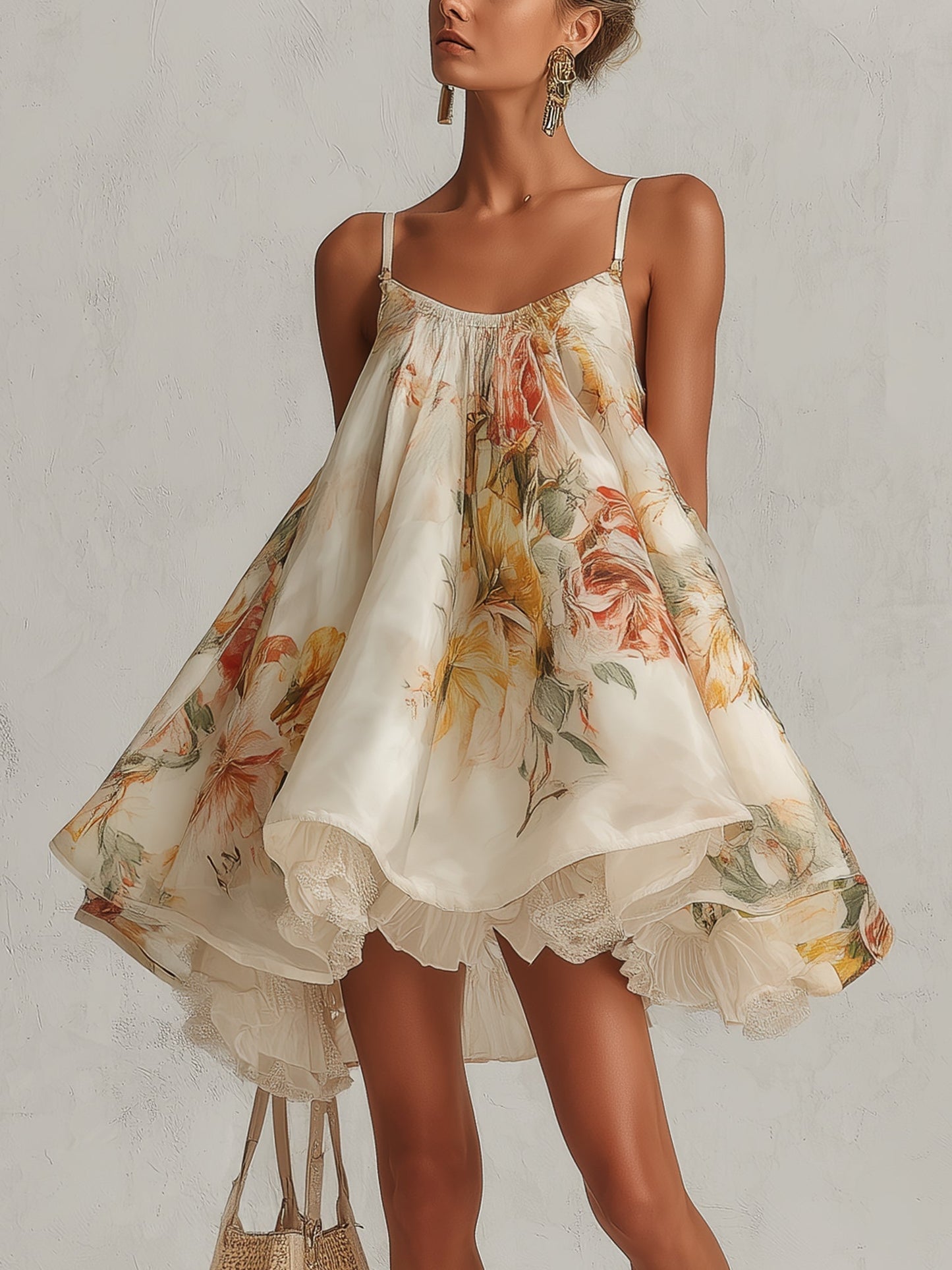 GAIA™ | Miniabito in organza beige a fiori con pizzo