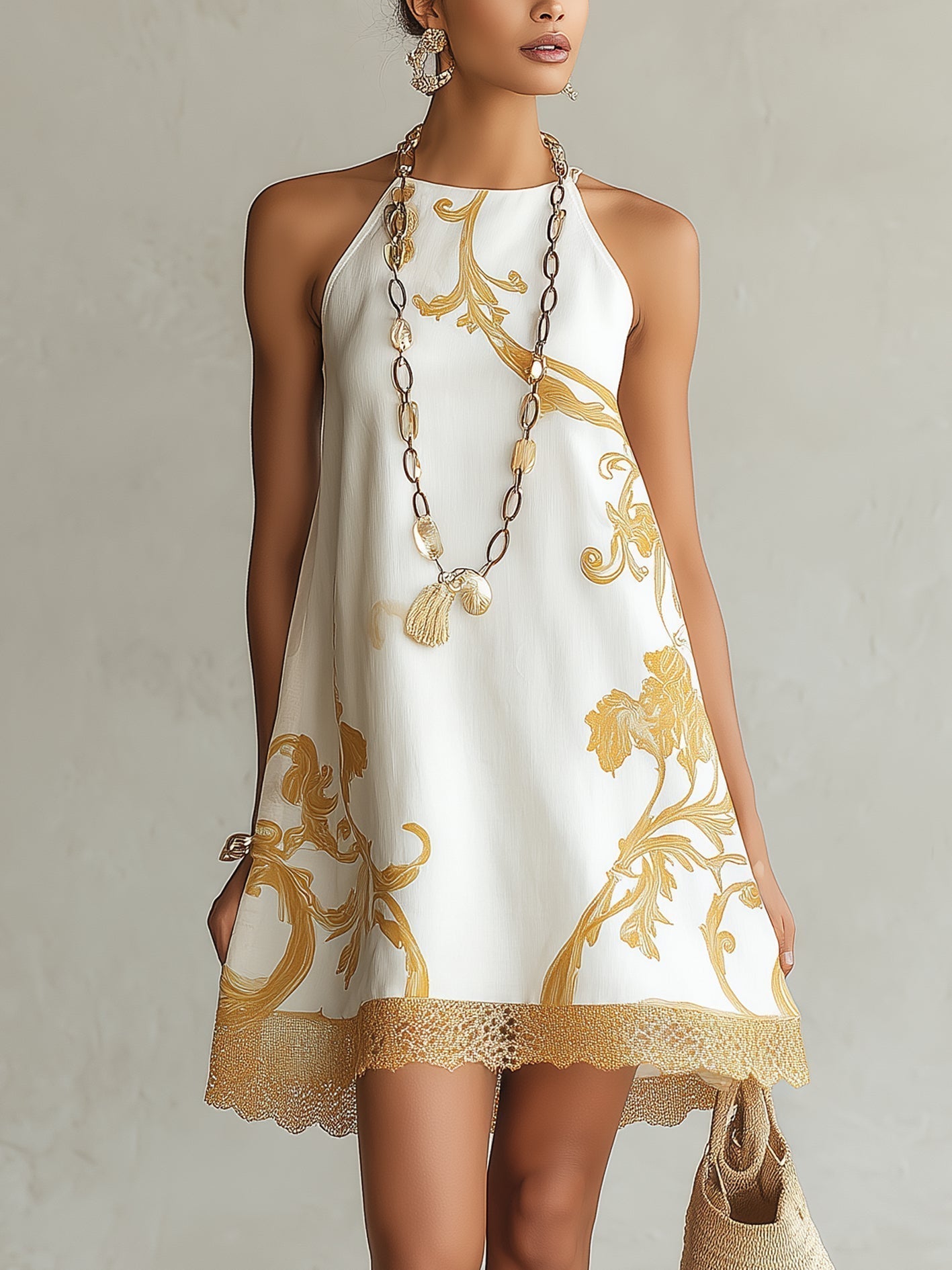 ALESSIA™ | Miniabito in pizzo bianco con motivi dorati