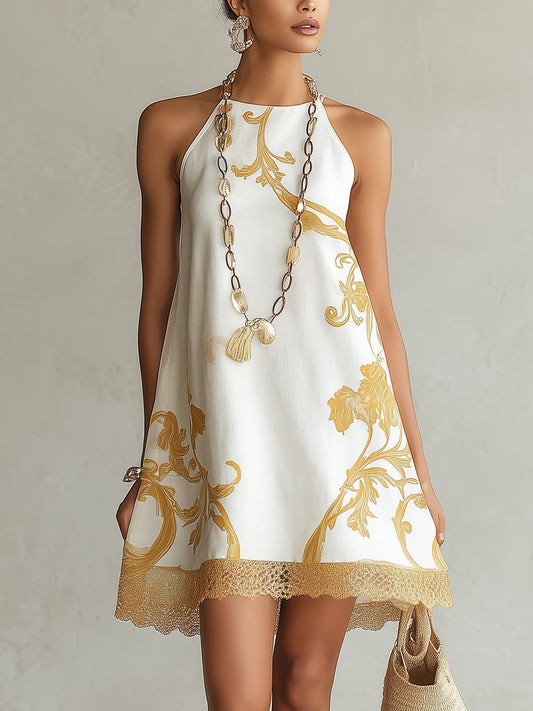 ALESSIA™ | Abito Mini in Pizzo Bianco con Motivi Dorati
