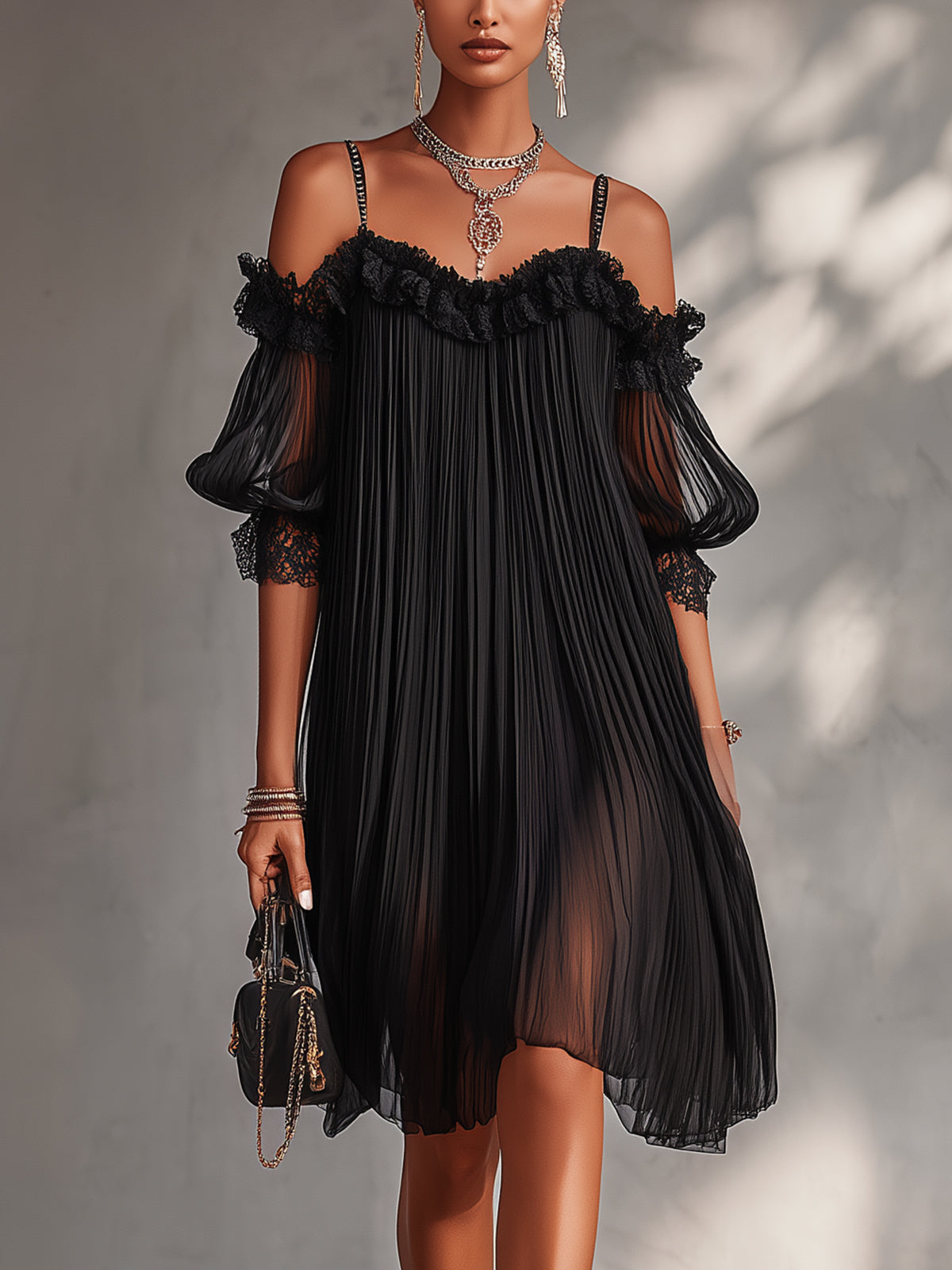 NICOLETTA™ | Miniabito nero in mussola con pizzo