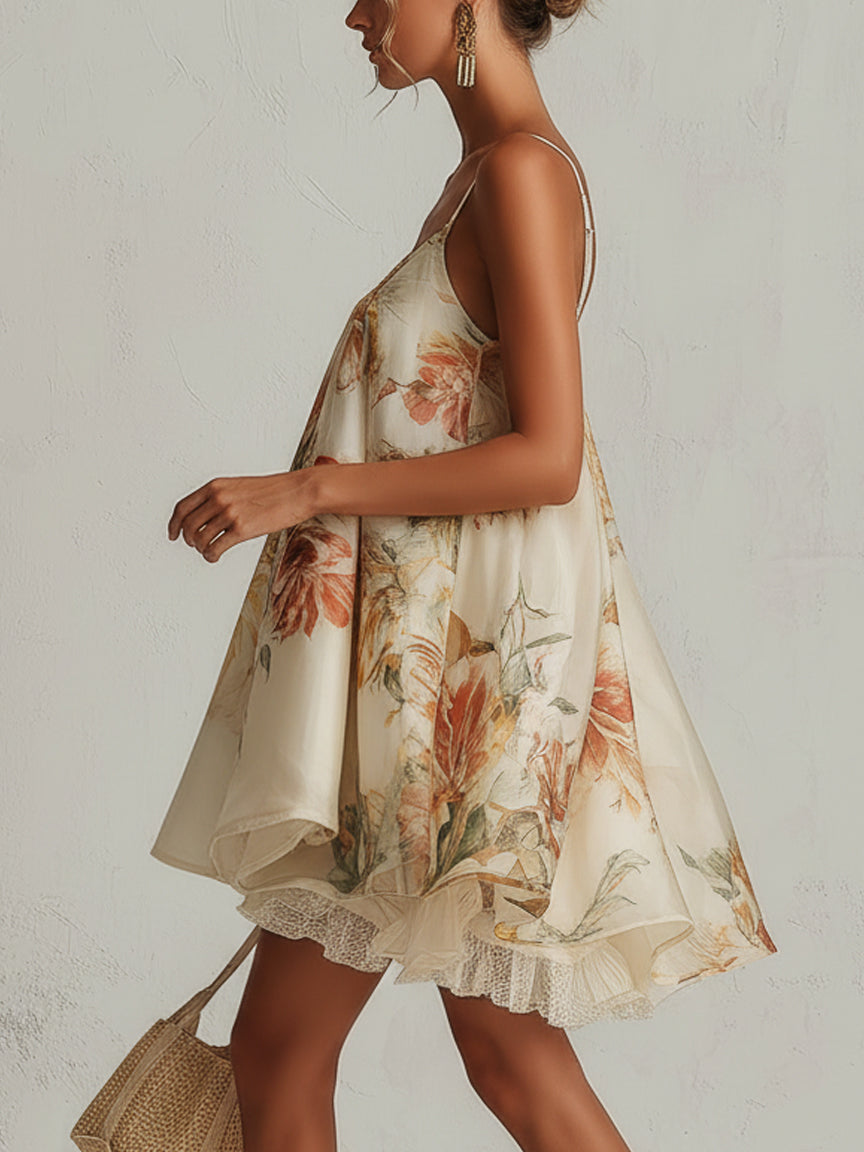 GAIA™ | Miniabito in organza beige a fiori con pizzo
