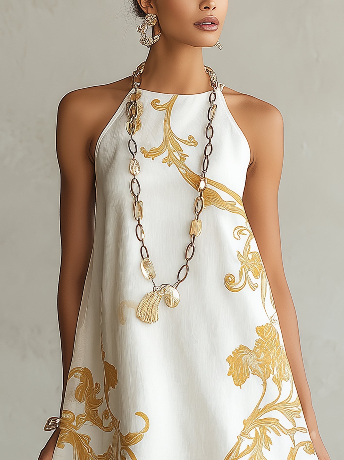 ALESSIA™ | Miniabito in pizzo bianco con motivi dorati