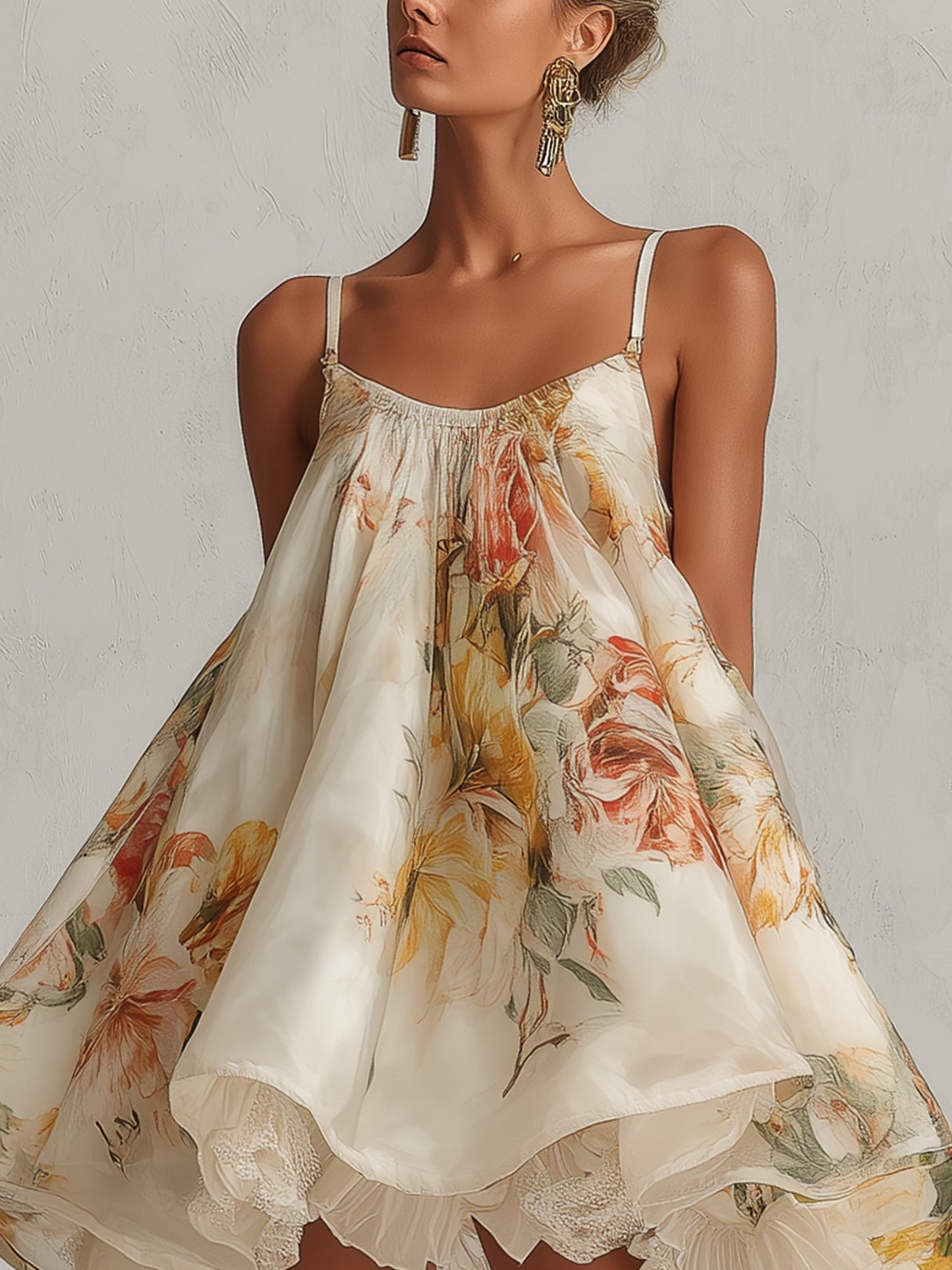 GAIA™ | Miniabito in organza beige a fiori con pizzo
