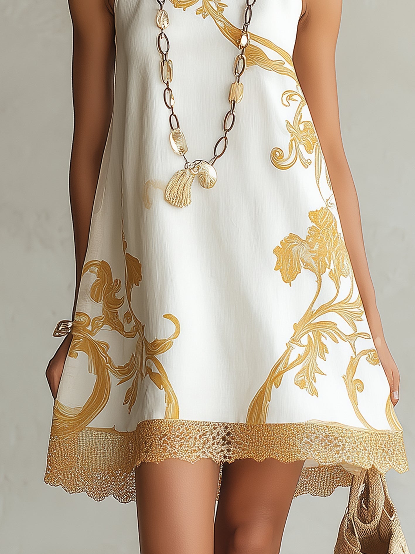 ALESSIA™ | Miniabito in pizzo bianco con motivi dorati