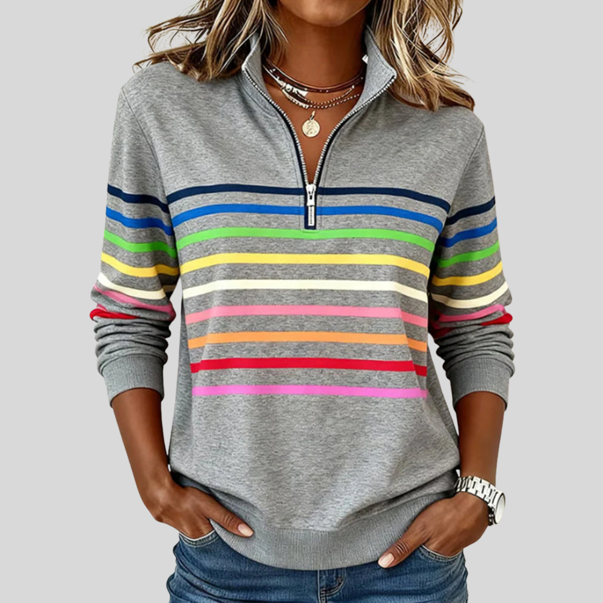 ZELINDA™ | Felpa con Zip a Righe Multicolore