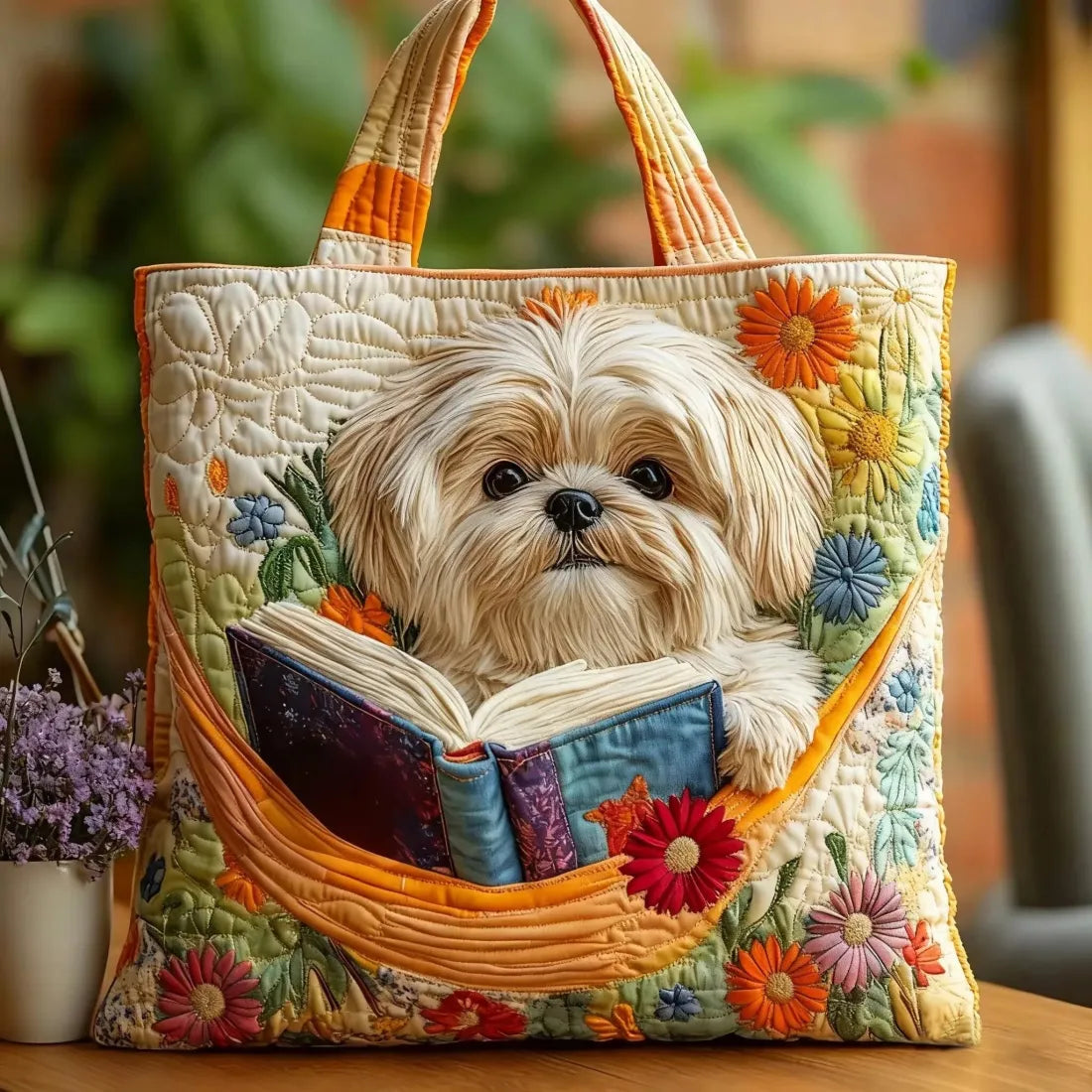 Borsa Artigianale con Shih Tzu, Libro e Fiori