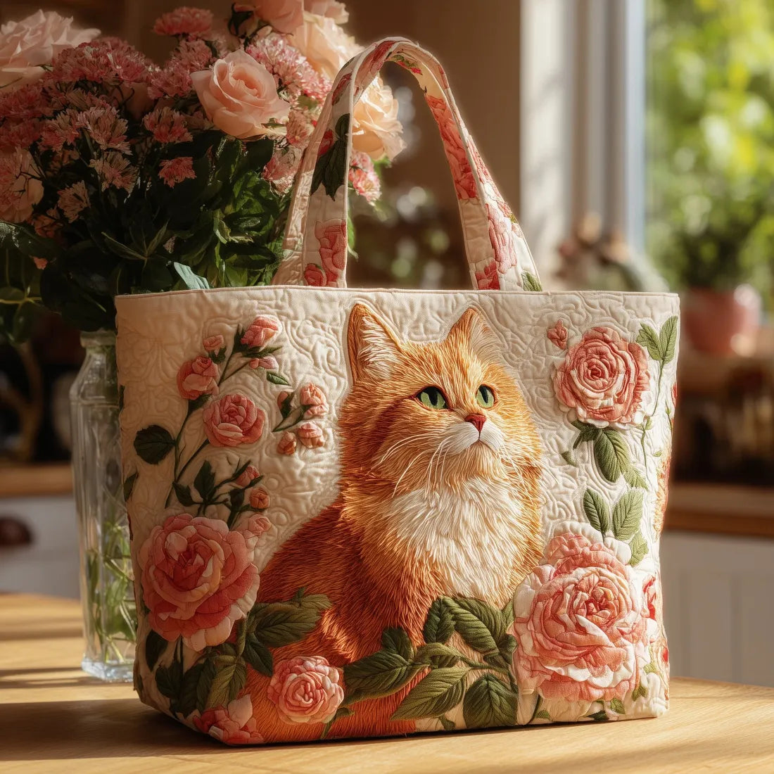 Borsa Artigianale Rossa con Gatto e Rose