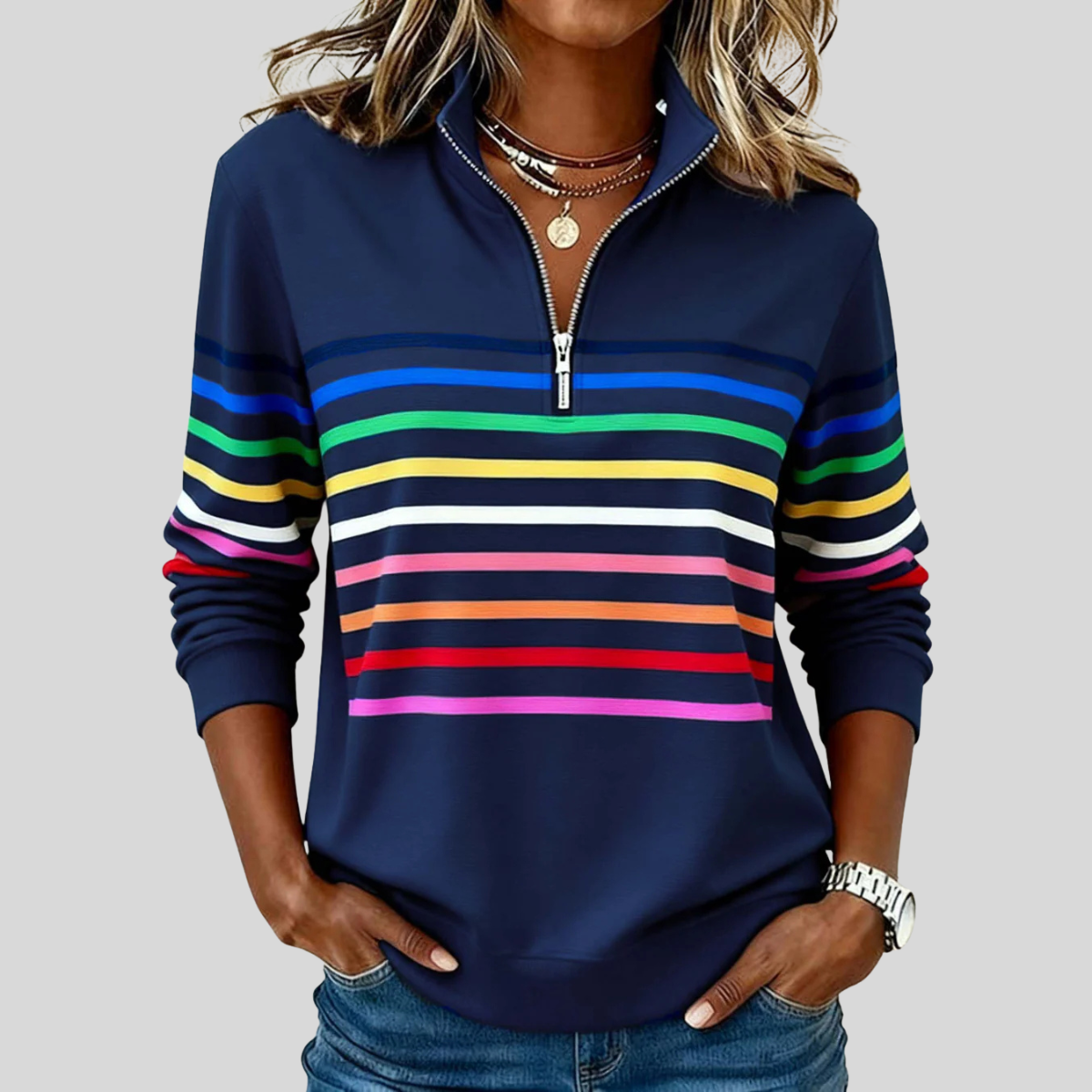 ZELINDA™ | Felpa con Zip a Righe Multicolore