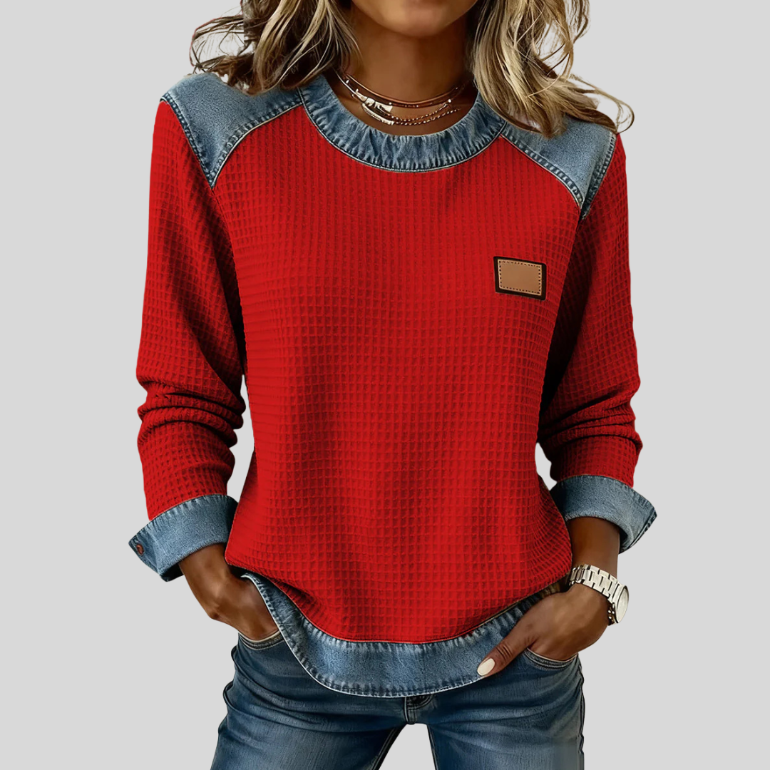 ORIANA™ | Felpa Goffrata con Inserti Effetto Denim