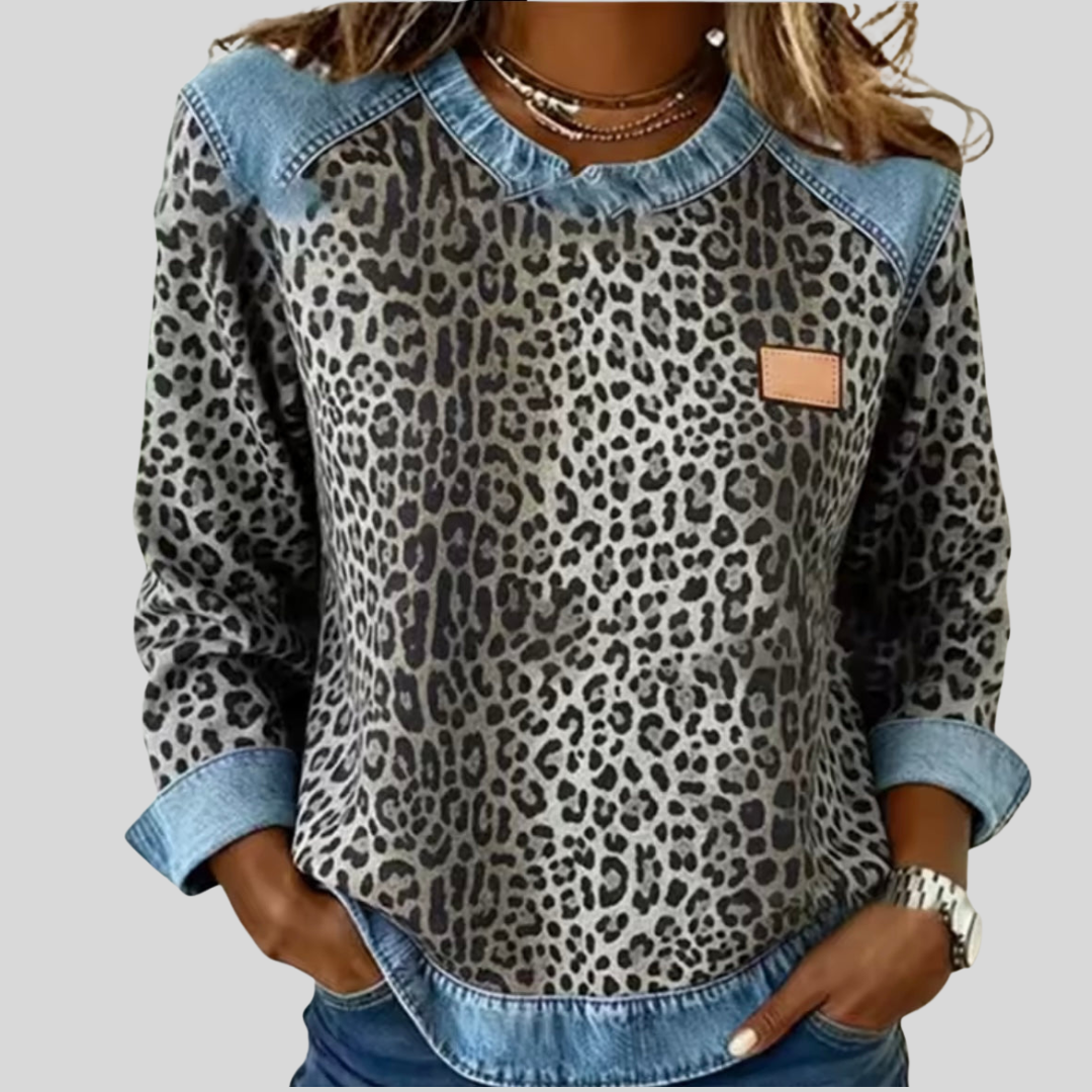 CATERINA™ | Felpa Leopardata con Inserto Effetto Denim