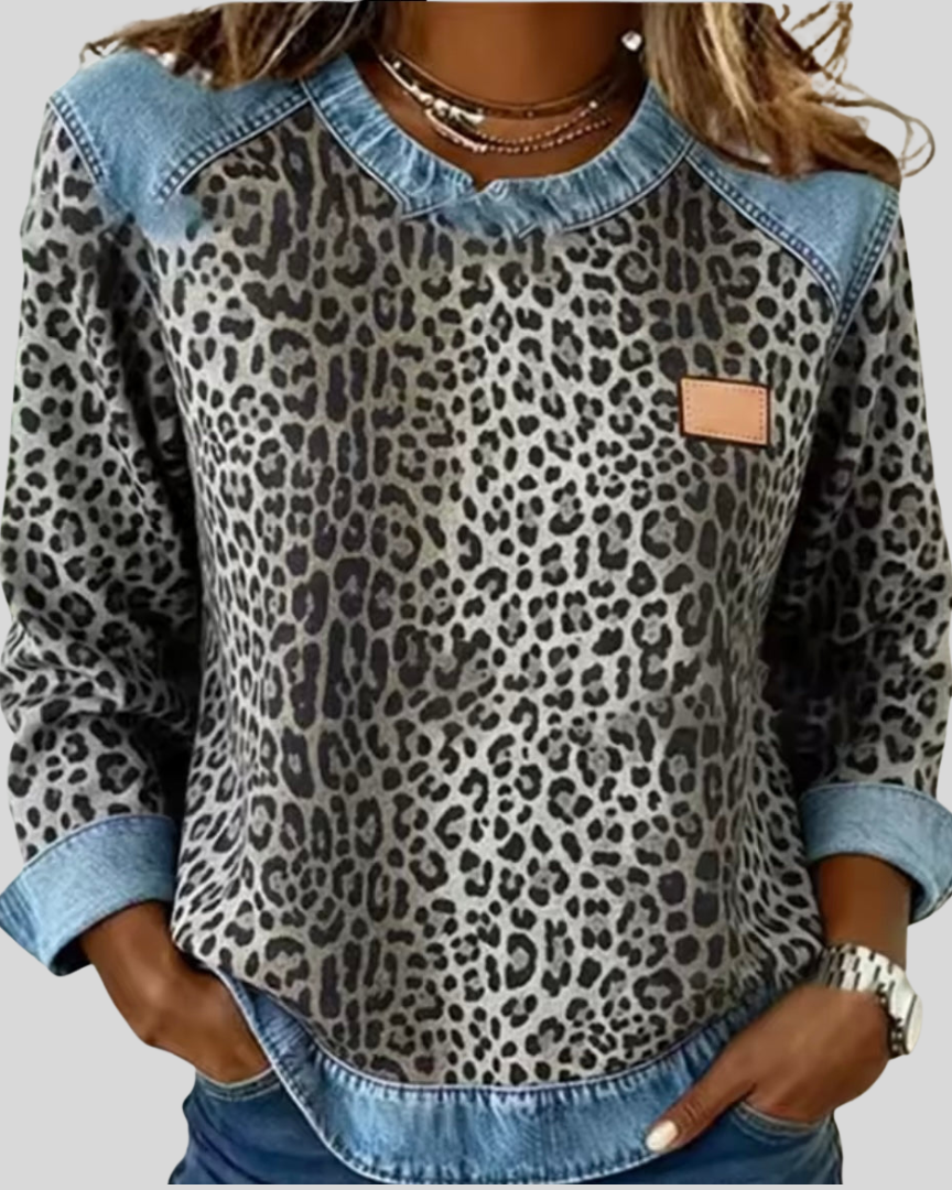 FOSCA™ | Maglione Leopardato con Collo Effetto Denim