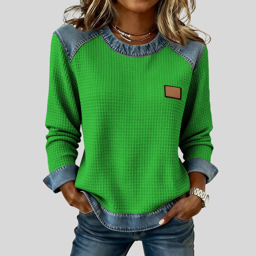 ORIANA™ | Felpa Goffrata con Inserti Effetto Denim