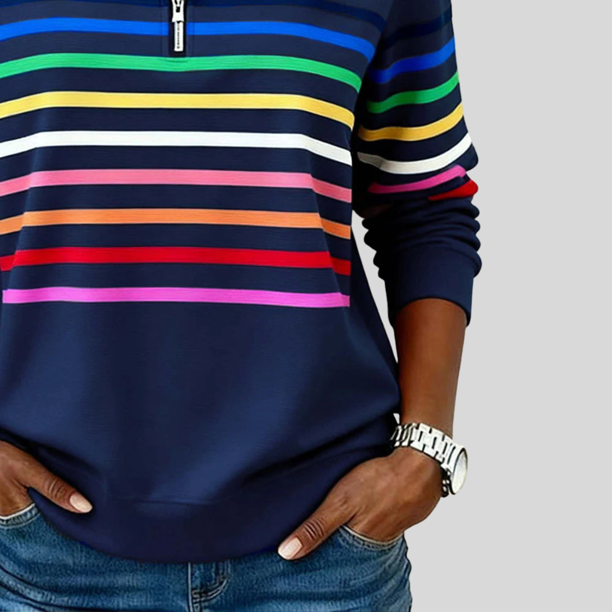 ZELINDA™ | Felpa con Zip a Righe Multicolore