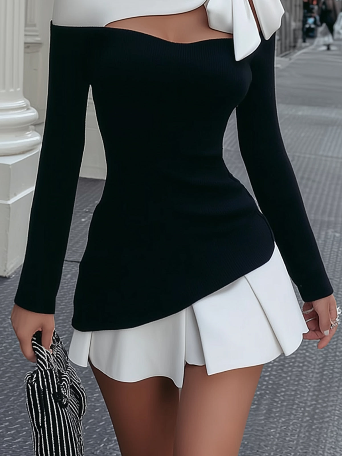 REBECCA™ | Abito Mini Bianco e Nero con Fiocco