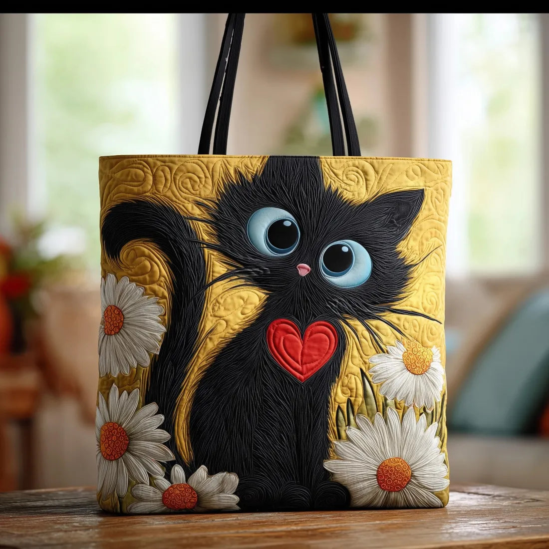 Borsa Artigianale con Gatto Nero, Cuore e Margherite