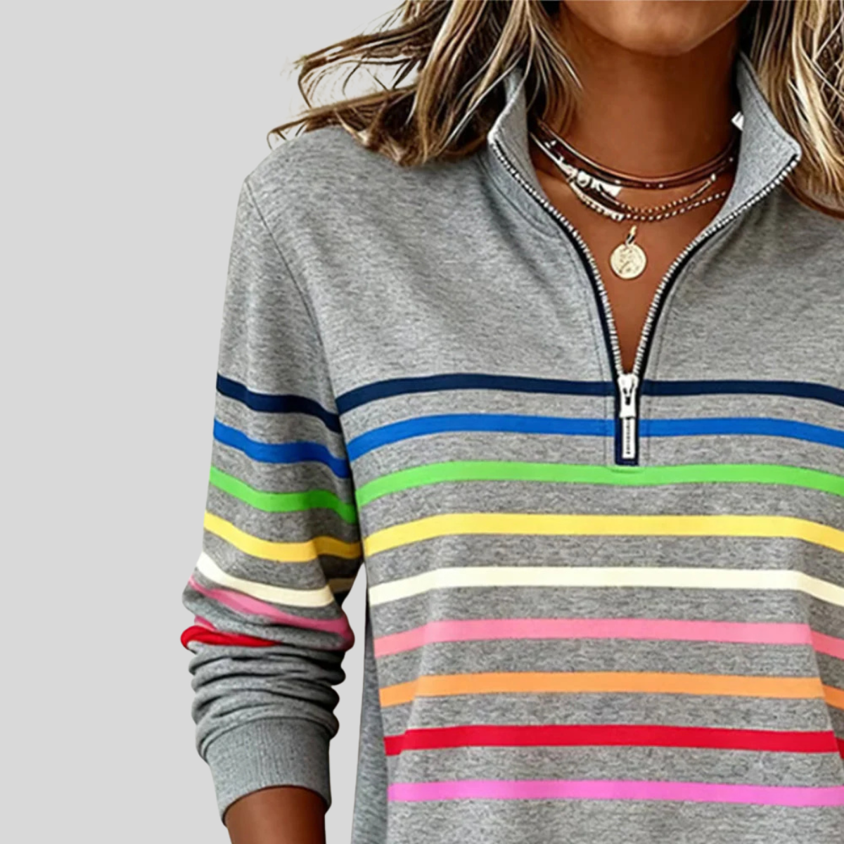 ZELINDA™ | Felpa con Zip a Righe Multicolore
