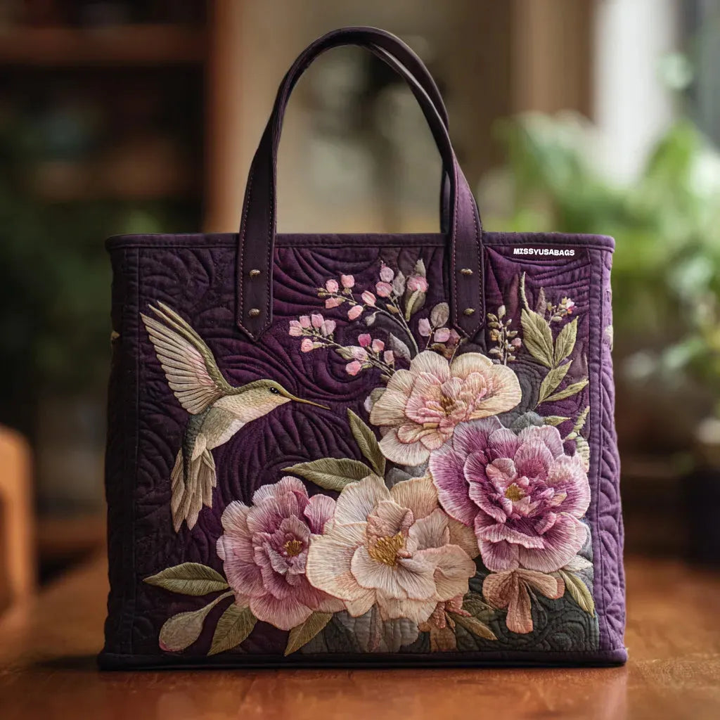Borsa Trapuntata Viola con Colibrì e Orchidee