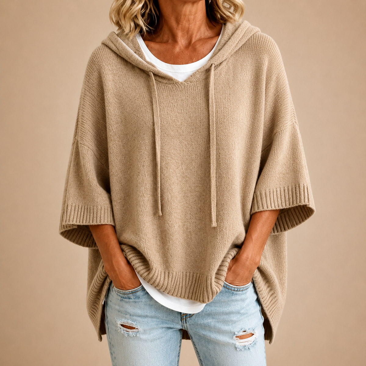 IRENE | Poncho in Maglia con Cappuccio Kaki