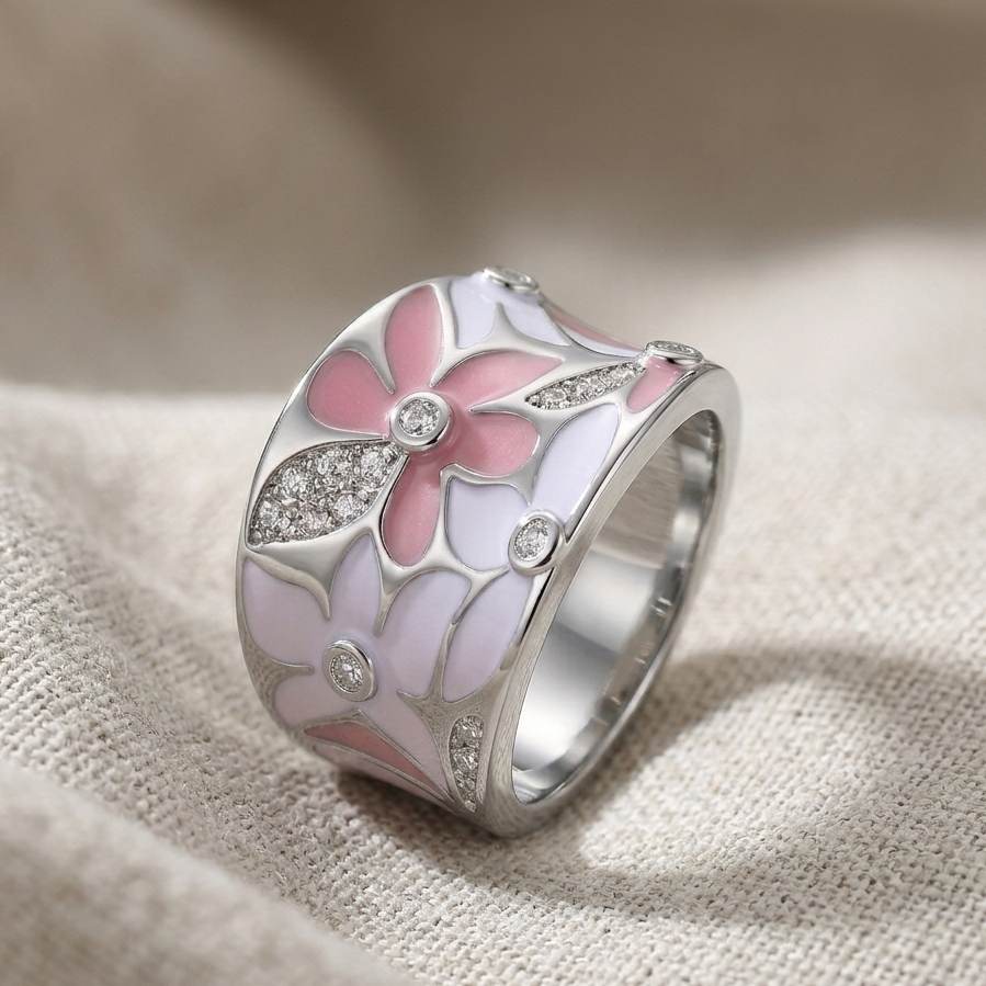 CRISTINA | Anello Bianco con Fiore Rosa