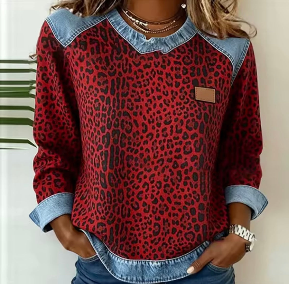 CATERINA™ | Felpa Leopardata con Inserto Effetto Denim