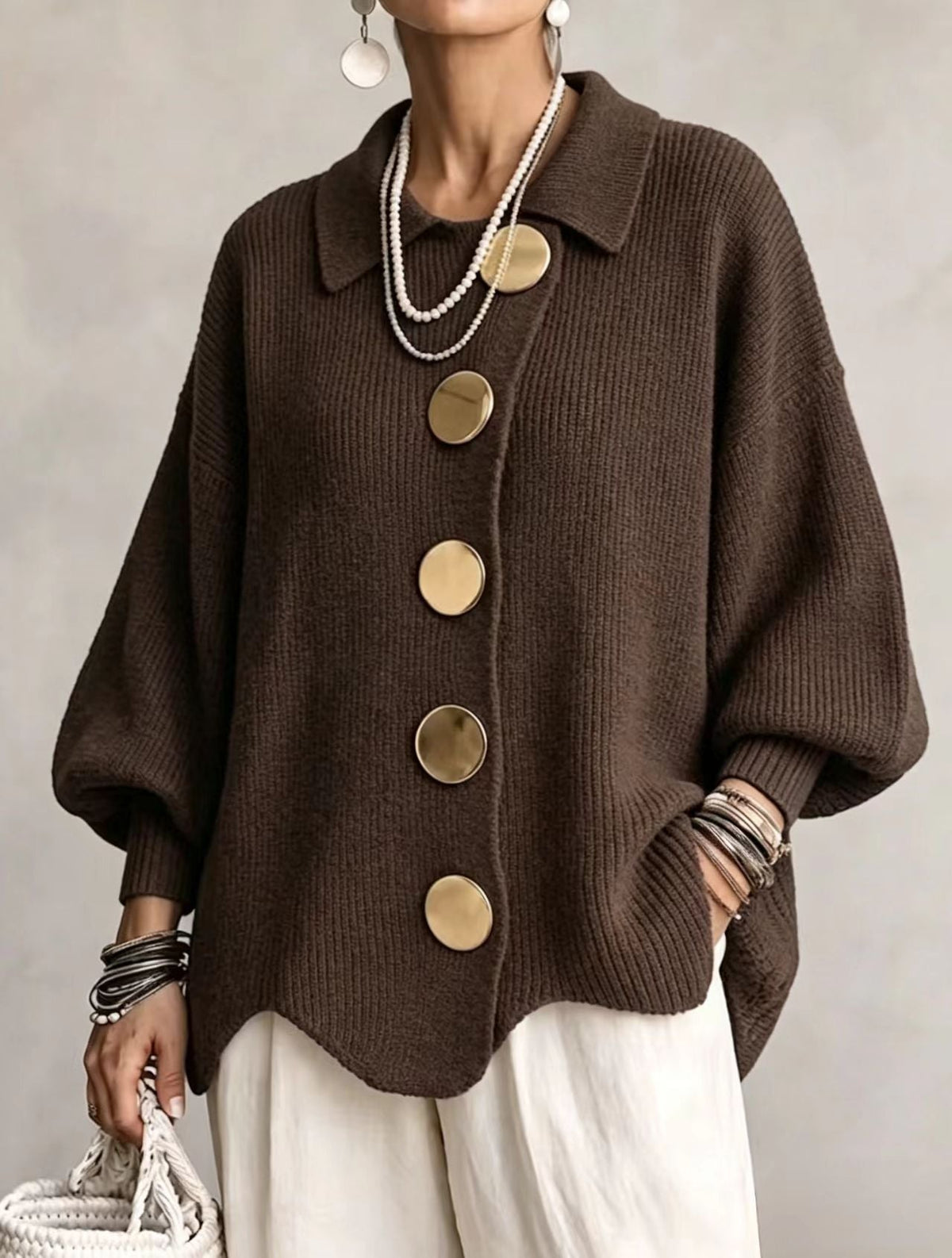 GIACINTA™ | Cardigan Oversize con Collo e Bottoni Gioiello