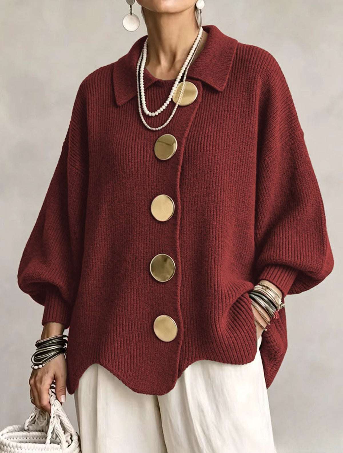 GIACINTA™ | Cardigan Oversize con Collo e Bottoni Gioiello