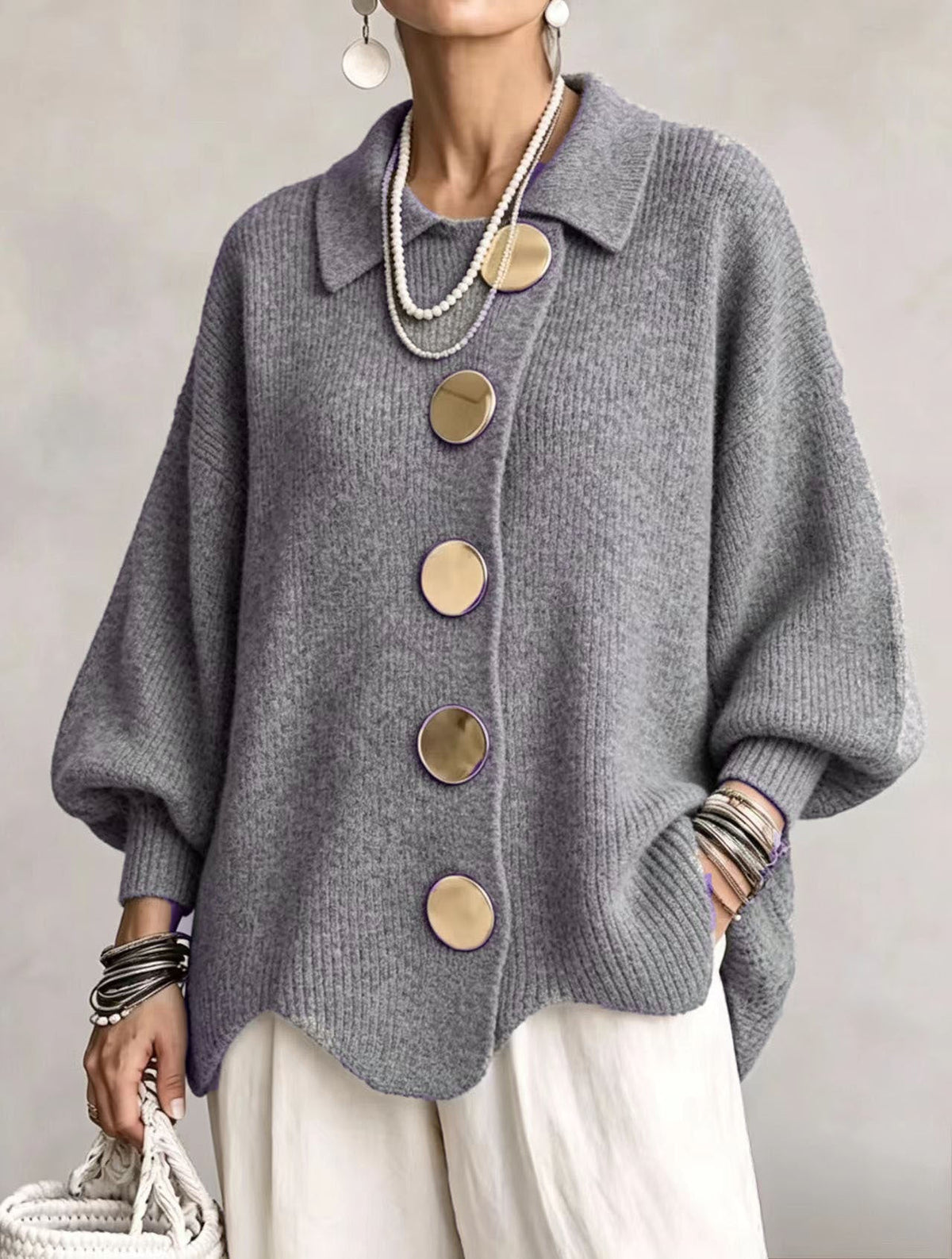 GIACINTA™ | Cardigan Oversize con Collo e Bottoni Gioiello