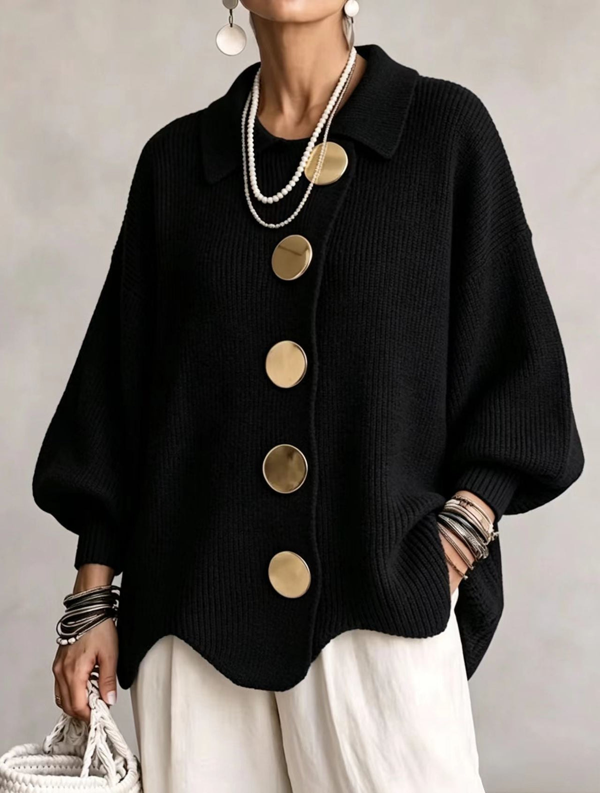 GIACINTA™ | Cardigan Oversize con Collo e Bottoni Gioiello
