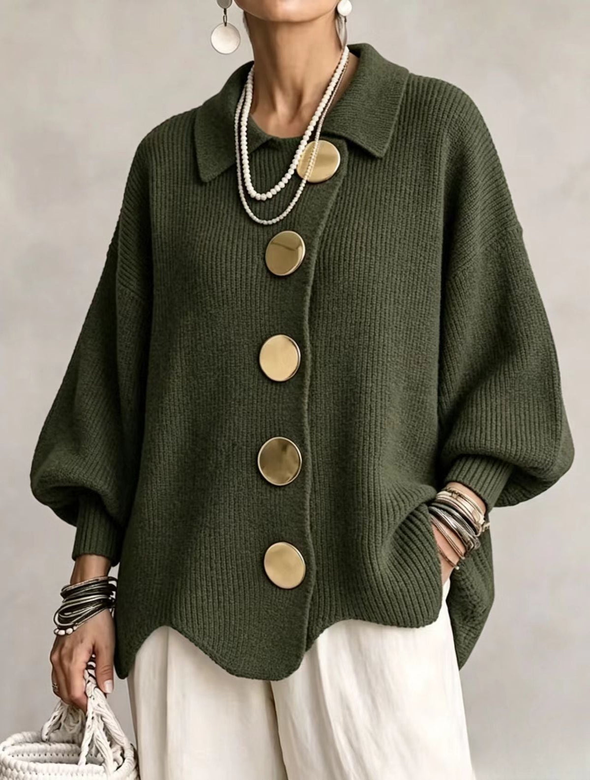 GIACINTA™ | Cardigan Oversize con Collo e Bottoni Gioiello