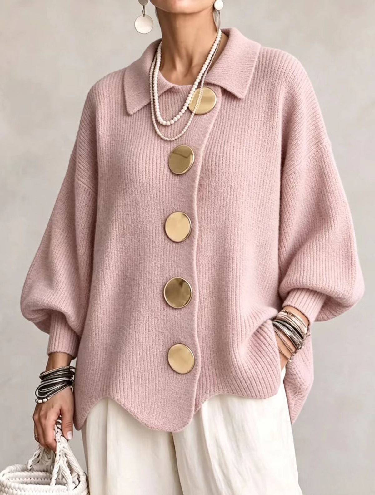 GIACINTA™ | Cardigan Oversize con Collo e Bottoni Gioiello
