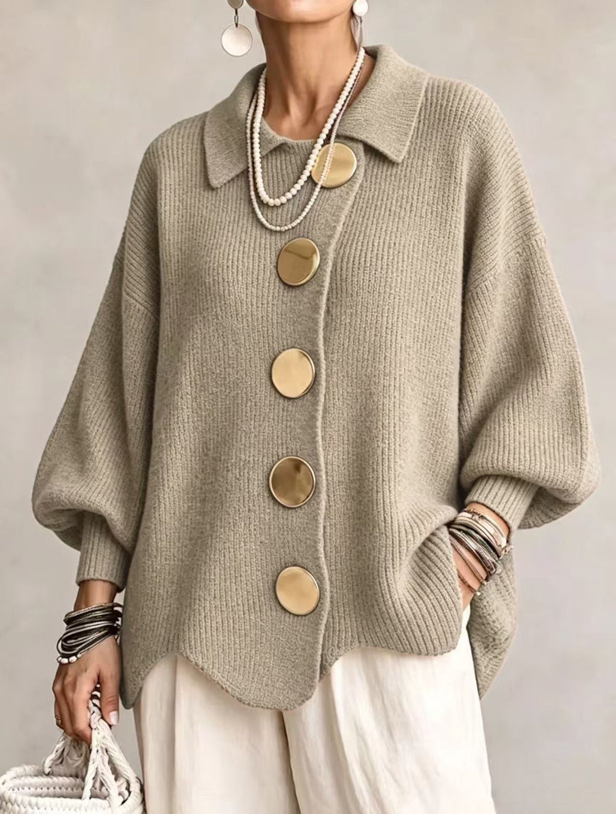 GIACINTA™ | Cardigan Oversize con Collo e Bottoni Gioiello