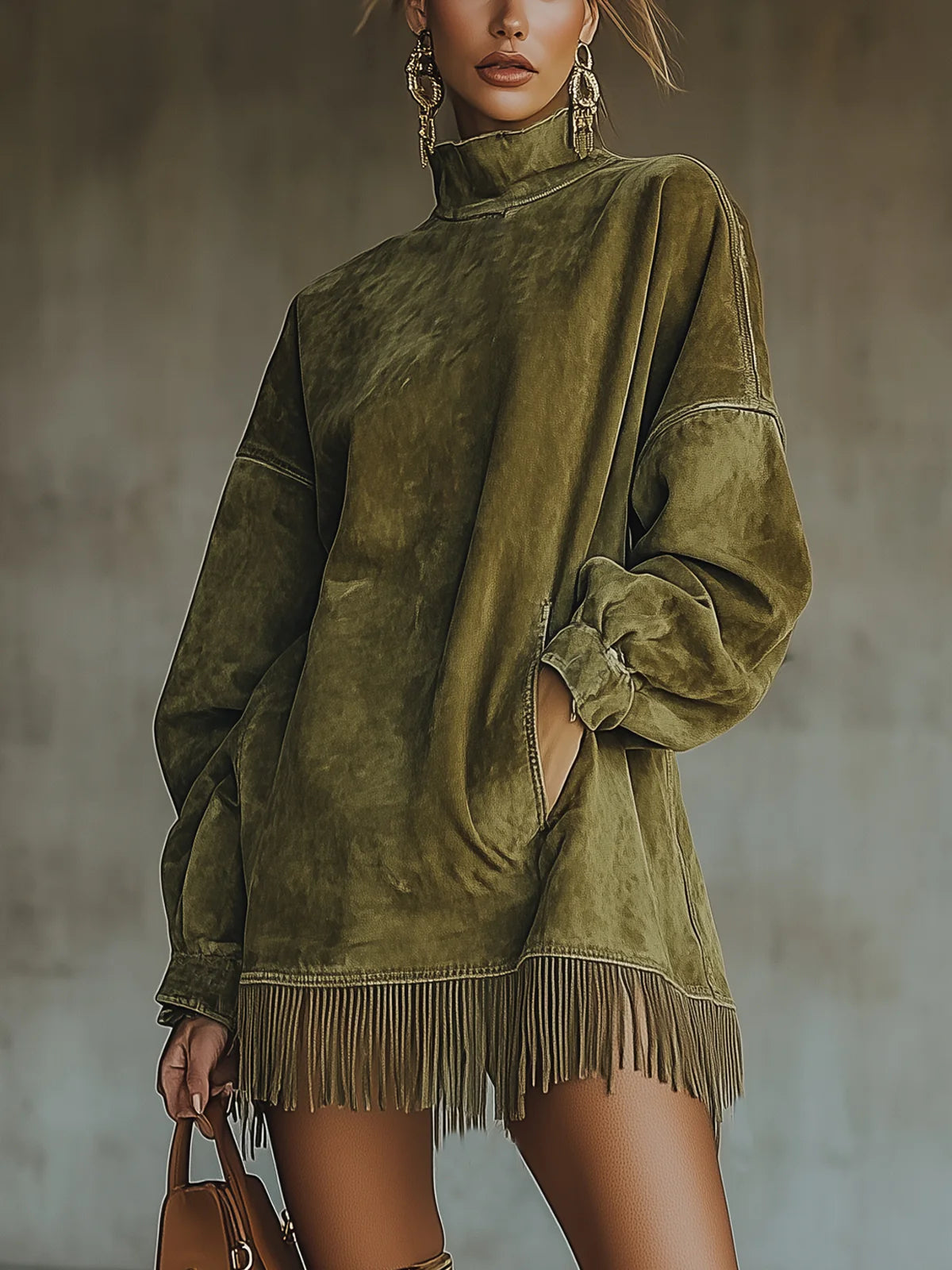 NUNZIA™ | Abito Midi con Collo Alto e Frange