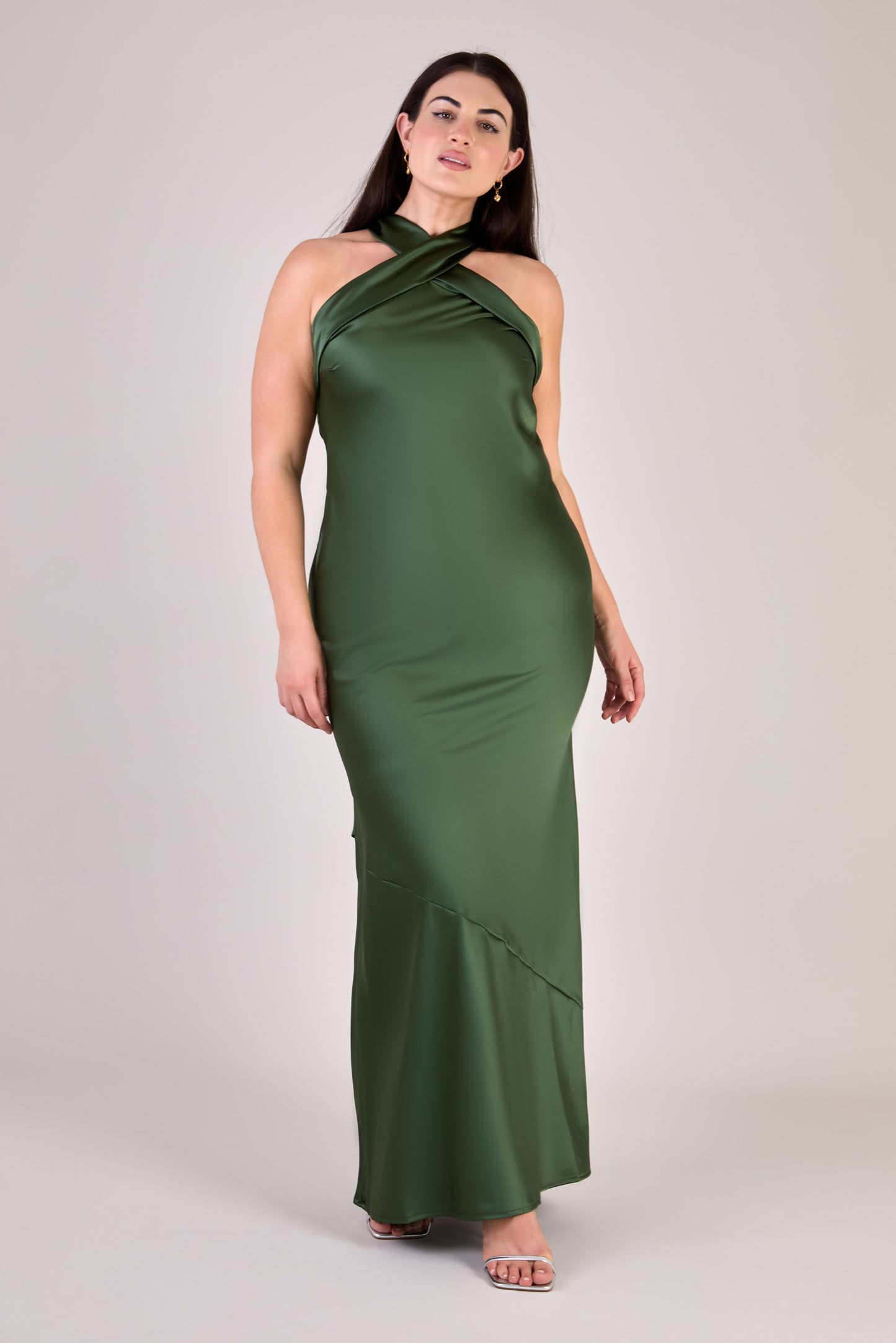 Roma Halter Neck Bridesmaid Dress in Olive Green Satin