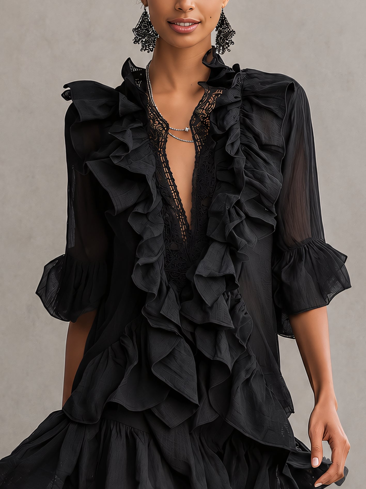ROBERTA™ | Abito Mini Nero in Mussola con Volant