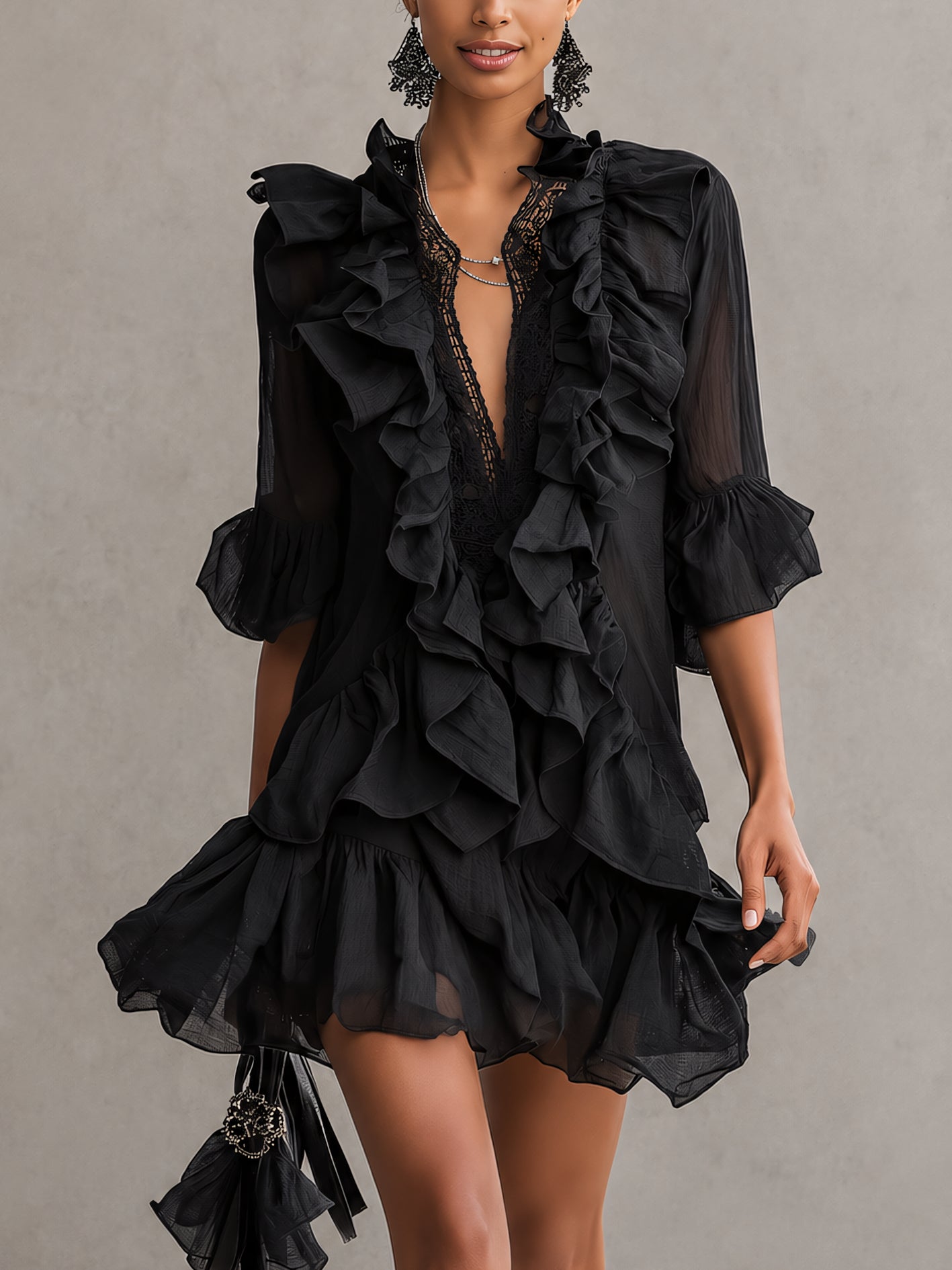 ROBERTA™ | Abito Mini Nero in Mussola con Volant