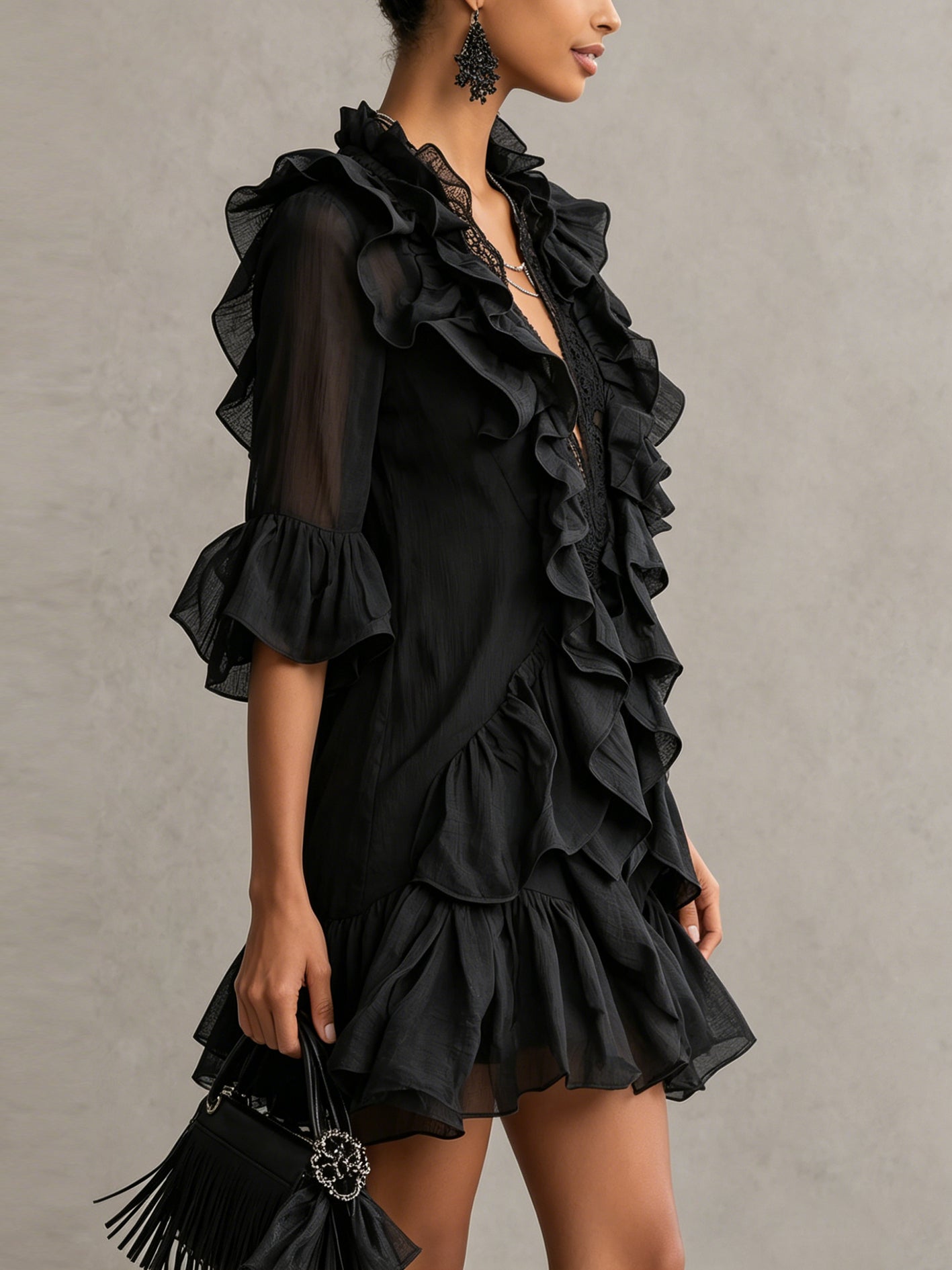 ROBERTA™ | Abito Mini Nero in Mussola con Volant