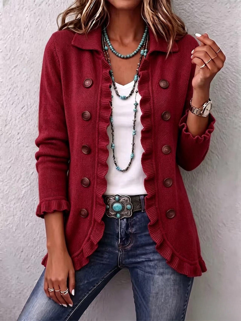 ROSANNA™ | Giacca in maglia rosso rubino con volant