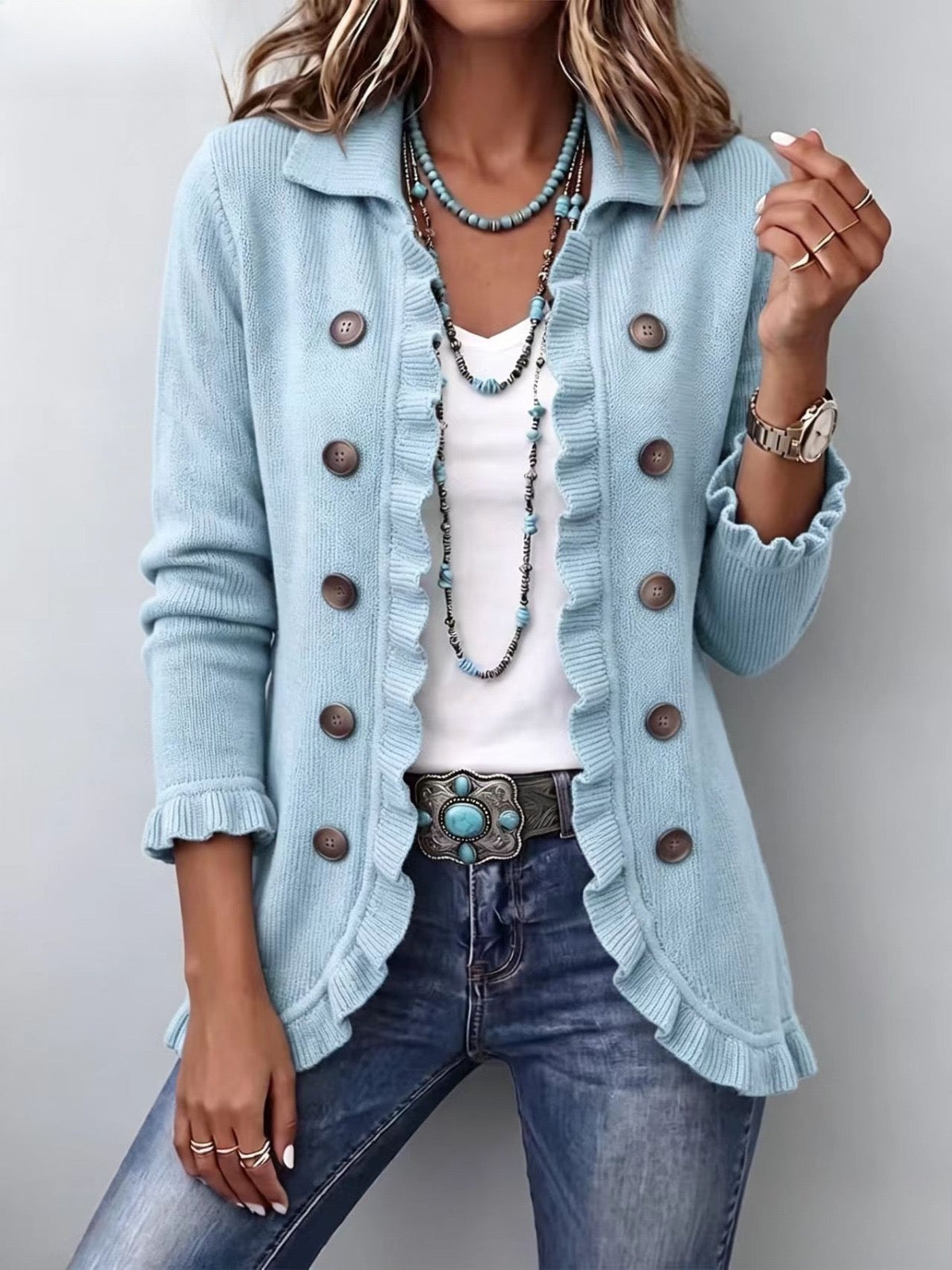 BRUNA™ | Giacca in Maglia Azzurro Polvere con Volant