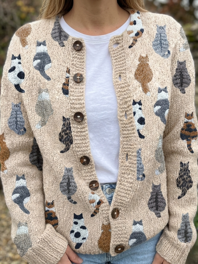 MONICA™ | Cardigan Morbido con Stampa Gatti